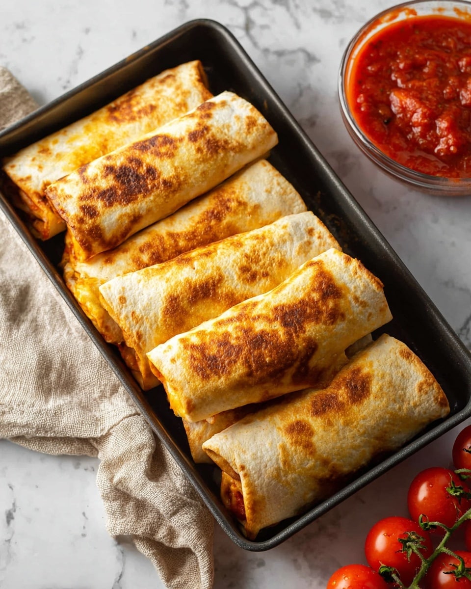 The image shows seven golden-brown baked burritos stacked neatly in a black rectangular pan, each burrito having a slightly crispy texture with toasted spots on the surface and folded edges. The burritos are placed close together, filling the pan in two layers. To the side of the pan is a white cloth napkin, and above it, a small clear glass bowl filled with chunky red tomato sauce sits on a white marbled surface. In the lower part of the image, there are several bright red cherry tomatoes grouped together, adding a fresh touch to the scene. The overall lighting highlights the warm colors and textures of the food. Photo taken with an iphone --ar 4:5 --v 7