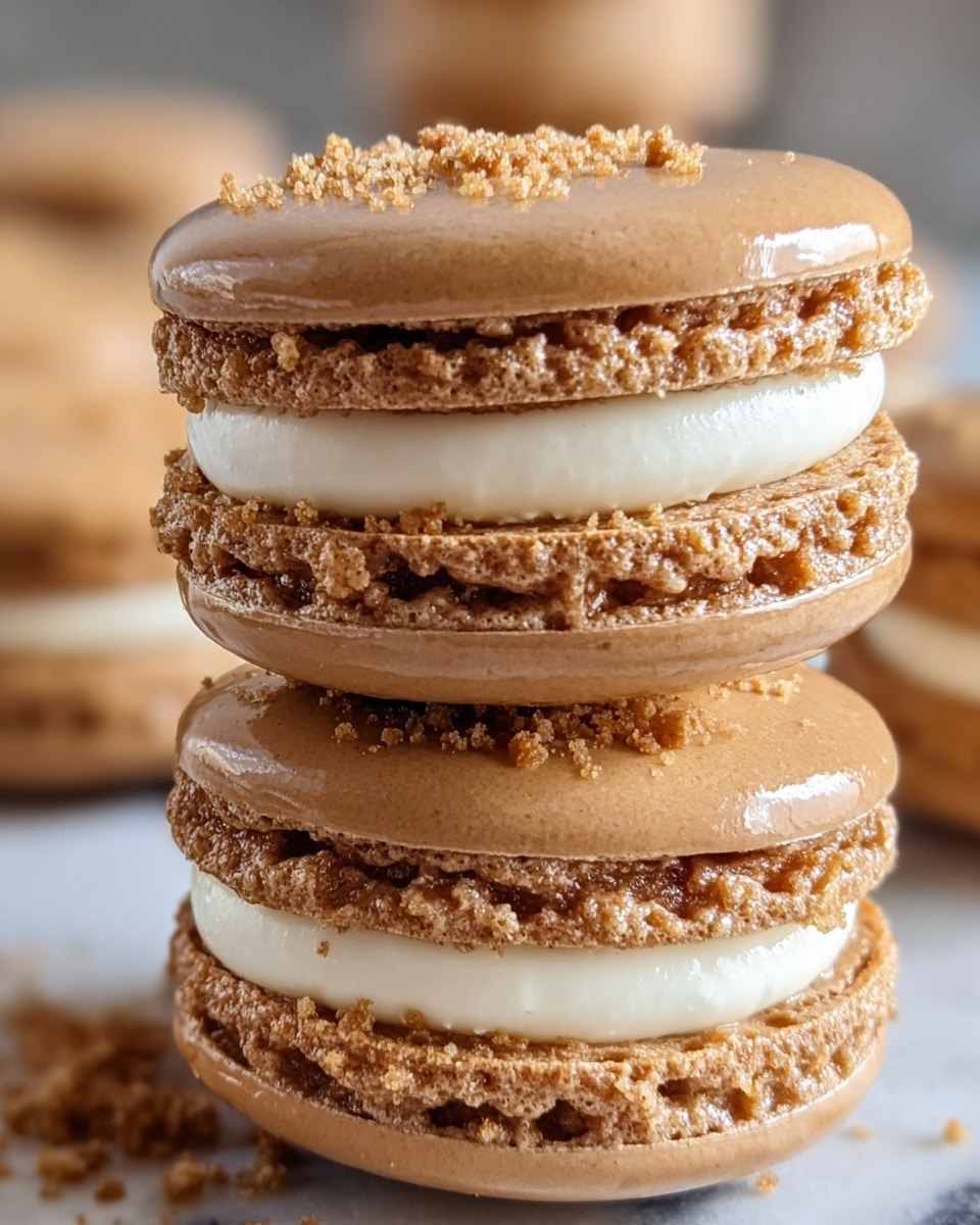 A close-up image of a stack of two light brown macarons with a smooth, shiny top and a rough, textured edge. Each macaron has three layers: two thin, crisp light brown shells on top and bottom, and a thick, smooth white cream filling in the middle. Small crumb-like pieces are sprinkled on the top shell, adding extra texture. The background is softly blurred with more macarons visible, set on a white marbled surface. photo taken with an iphone --ar 4:5 --v 7