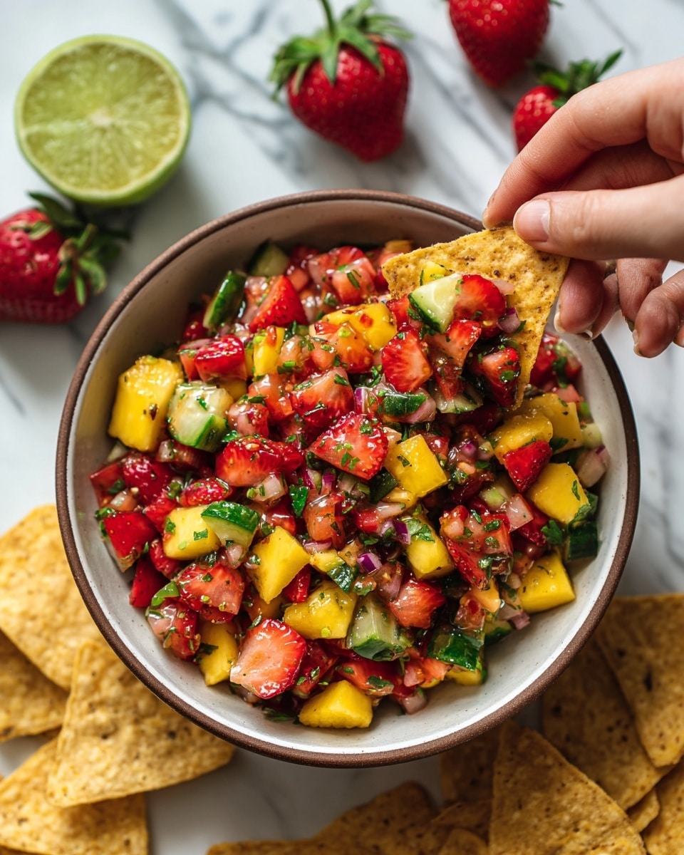 A colorful fruit salsa with finely chopped pieces of red strawberries, yellow mango, green cucumber, and small green herb leaves mixed together. The salsa sits in a white bowl with a brown rim on a white marbled surface. Around the bowl, there are whole strawberries, tortilla chips, and half a lime. A woman's hand is holding a chip scooping some of the salsa. The image shows bright, fresh textures and vibrant colors. photo taken with an iphone --ar 4:5 --v 7