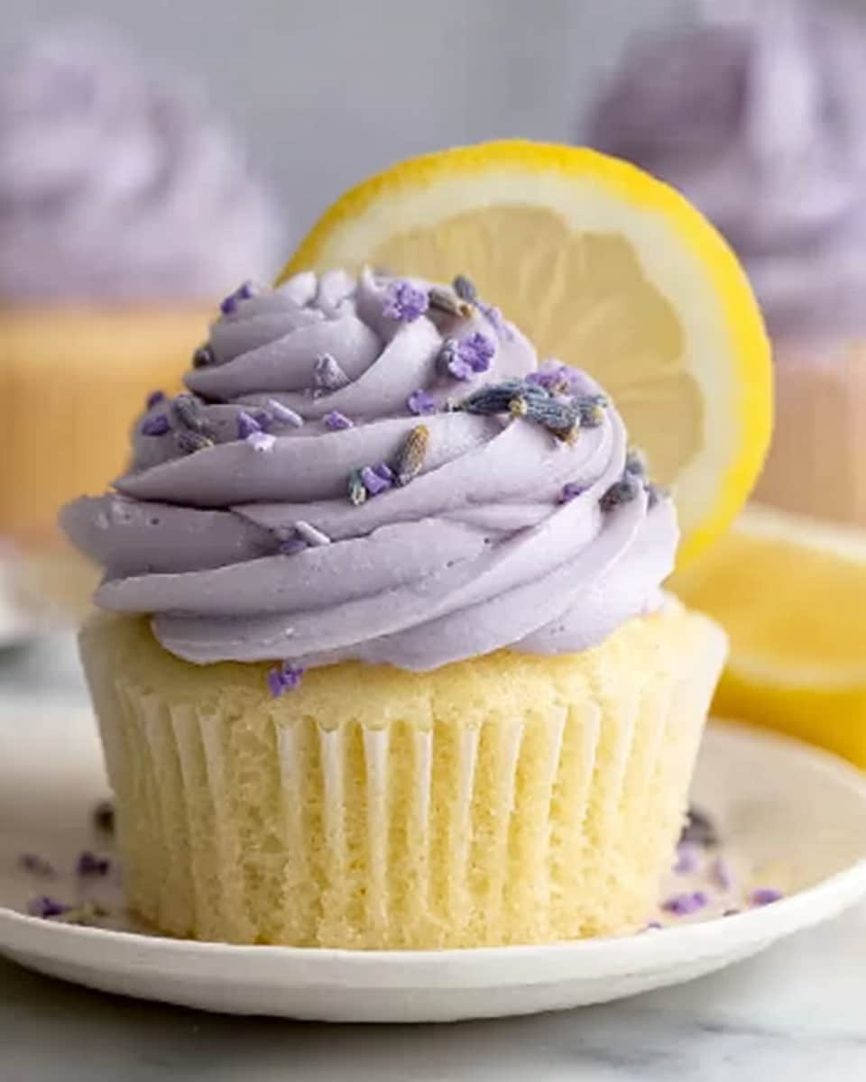 A close-up of a single yellow cupcake with three layers visible: the bottom layer is the soft yellow cake, the middle layer is the thin white paper liner, and the top layer is a swirl of light purple frosting with a creamy texture. The frosting is decorated with small dark purple sprinkles on top, and a thin slice of lemon is placed behind the frosting as a garnish. The cupcake sits on a white plate over a white marbled surface. Photo taken with an iphone --ar 4:5 --v 7