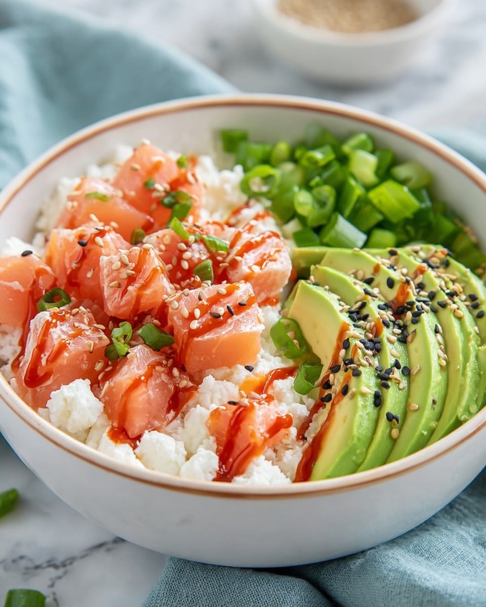 A white bowl filled with four main layers arranged side by side: small white cottage cheese curds forming the base, topped with small diced pink salmon pieces drizzled with a bright red sauce and sprinkled with brown and black seeds. Next to the salmon, there are light green chopped cucumber pieces, followed by thin slices of pale green avocado sprinkled with white and black seeds. The avocado is garnished with a small green herb. The bowl sits on a white marbled surface with a blurred white bowl containing dark sauce in the background. photo taken with an iphone --ar 4:5 --v 7
