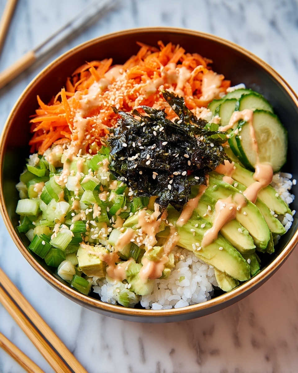 A bowl with a base layer of white rice holds several toppings arranged in sections on top: bright orange shredded carrots on the left, diced light green cucumbers on the right, and pale green sliced avocado at the front. There is also a portion of shredded orange and white crab meat near the middle, with a sprinkling of dark green seaweed pieces over it. The avocado section is garnished with chopped green onions and sesame seeds. The entire dish is drizzled with a creamy light beige sauce. The bowl is dark with a thin light rim, set on a white marbled surface. Photo taken with an iphone --ar 4:5 --v 7