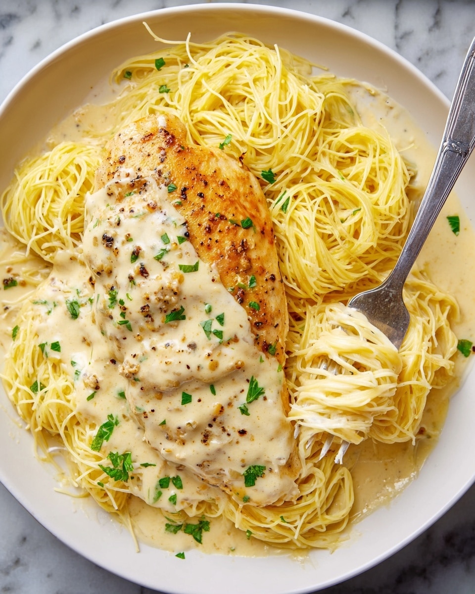 A white plate holds a bed of pale yellow cooked spaghetti forming the bottom layer with a slightly glossy texture. On top, a creamy white sauce covers part of the spaghetti, thick and smooth, dotted with black pepper and finely chopped green herbs. Resting on the sauce-covered spaghetti is a golden-brown cooked chicken breast, its skin glistening slightly and sprinkled with black pepper and green herbs. A silver fork is twirling some plain spaghetti near the bottom right side of the plate. The whole scene is set against a white marbled surface. photo taken with an iphone --ar 4:5 --v 7