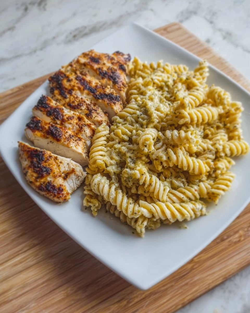 The image shows a white square plate on a white marbled surface, holding a meal with two main parts. On the left, there are five pieces of golden-brown grilled chicken breast arranged in a row with visible grill marks and a slightly crispy texture. On the right, there is a generous serving of cooked spiral pasta that is light brown and looks soft with some seasoning or herbs mixed in. A woman's hand is reaching towards the plate from the top left corner. Photo taken with an iphone --ar 4:5 --v 7