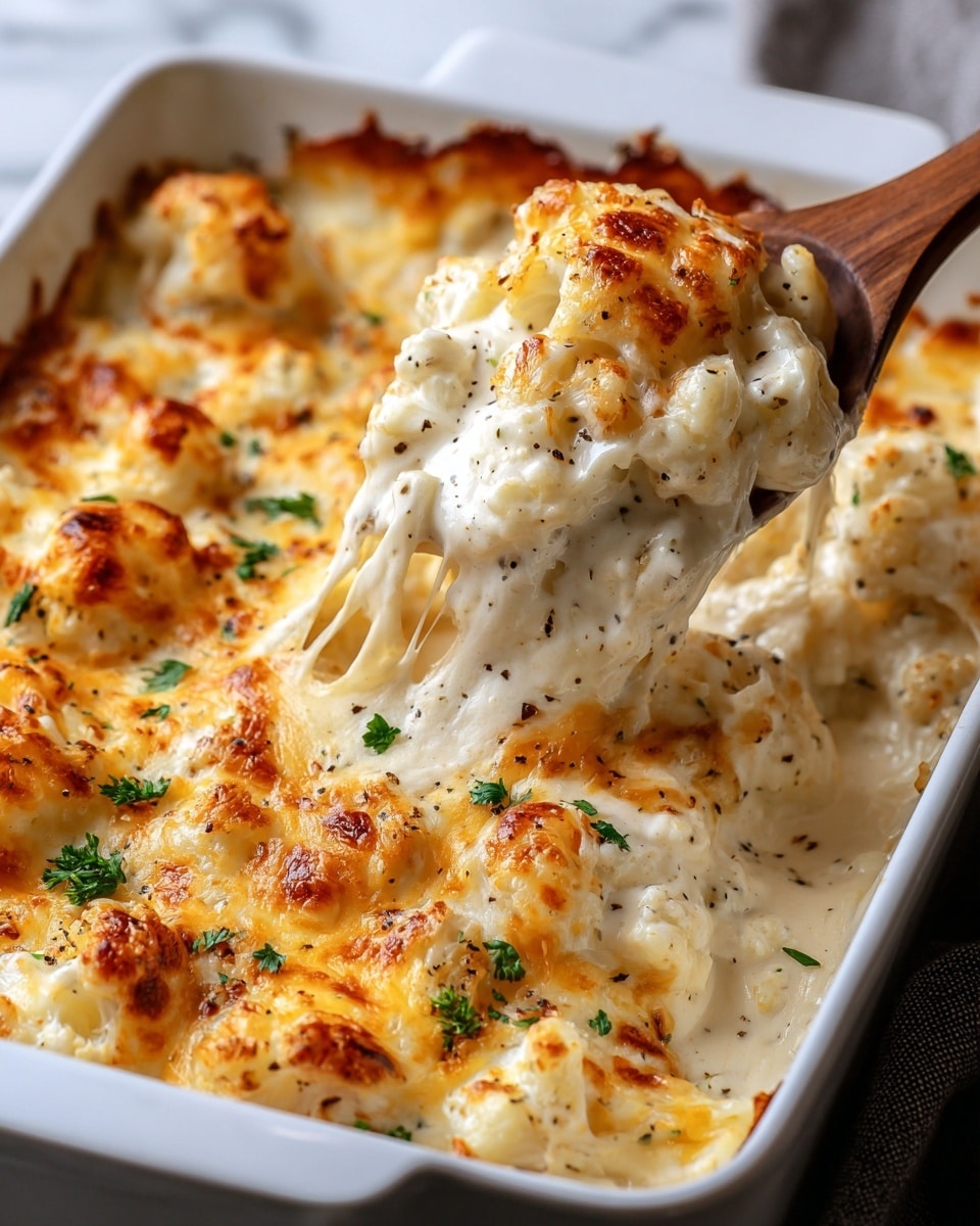 A white baking dish filled with a creamy, cheesy casserole that has a golden-brown top layer with bubbly melted cheese sprinkled with chopped green herbs. Below the top, a thick white sauce mixed with tender bits of food is visible, showing a soft and smooth texture. A wooden spoon lifting a portion reveals stretchy melted cheese strands and the rich, creamy interior beneath the browned cheese crust. The dish sits on a white marbled surface with a dark gray cloth nearby. Photo taken with an iphone --ar 4:5 --v 7