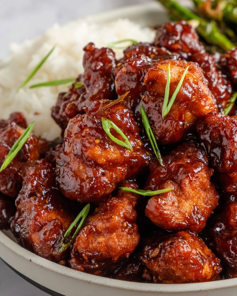 The dish features a close-up of crispy, bite-sized chicken pieces richly coated in a glossy, dark reddish-brown sauce that looks thick and sticky. The chicken bites, roughly one layer, are sprinkled with small, bright green chopped scallions, adding fresh color contrast. In the blurred background, there is a soft hint of white rice and some grilled green vegetables, arranged side by side in the same white bowl. The bowl sits on a white marbled surface, and a silver fork is partially visible in the top right corner. Photo taken with an iphone --ar 4:5 --v 7