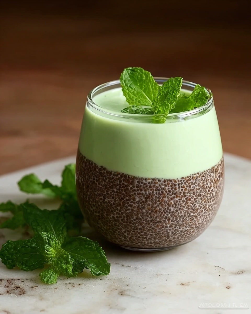 A clear glass filled with two layers of dessert sits on a white marbled surface. The bottom layer is a thick, bubbly chocolate chia pudding with a textured, seed-studded appearance in brown color, filling about half the glass. The top layer is smooth, creamy, and pale green, likely a mint-flavored mousse or yogurt, covering the pudding evenly. On top of the green layer, fresh bright green mint leaves are placed as a garnish. Beside the glass, there are a few sprigs of fresh green mint leaves resting on the surface. The background is softly blurred with warm tones. Photo taken with an iphone --ar 4:5 --v 7