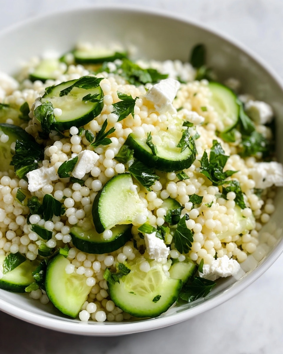 A close-up view of a white bowl filled with a fresh dish featuring pearl couscous as the main layer, with small, round, ivory beads that have a glossy texture. Mixed evenly in this layer are chopped bright green parsley leaves adding a fresh contrast. Sliced green cucumbers with a shiny, moist surface and dark green skin are scattered throughout. Small chunks of creamy white feta cheese rest on top, providing a soft texture and a slight crumbly look. The bowl sits on a white marbled surface. photo taken with an iphone --ar 4:5 --v 7