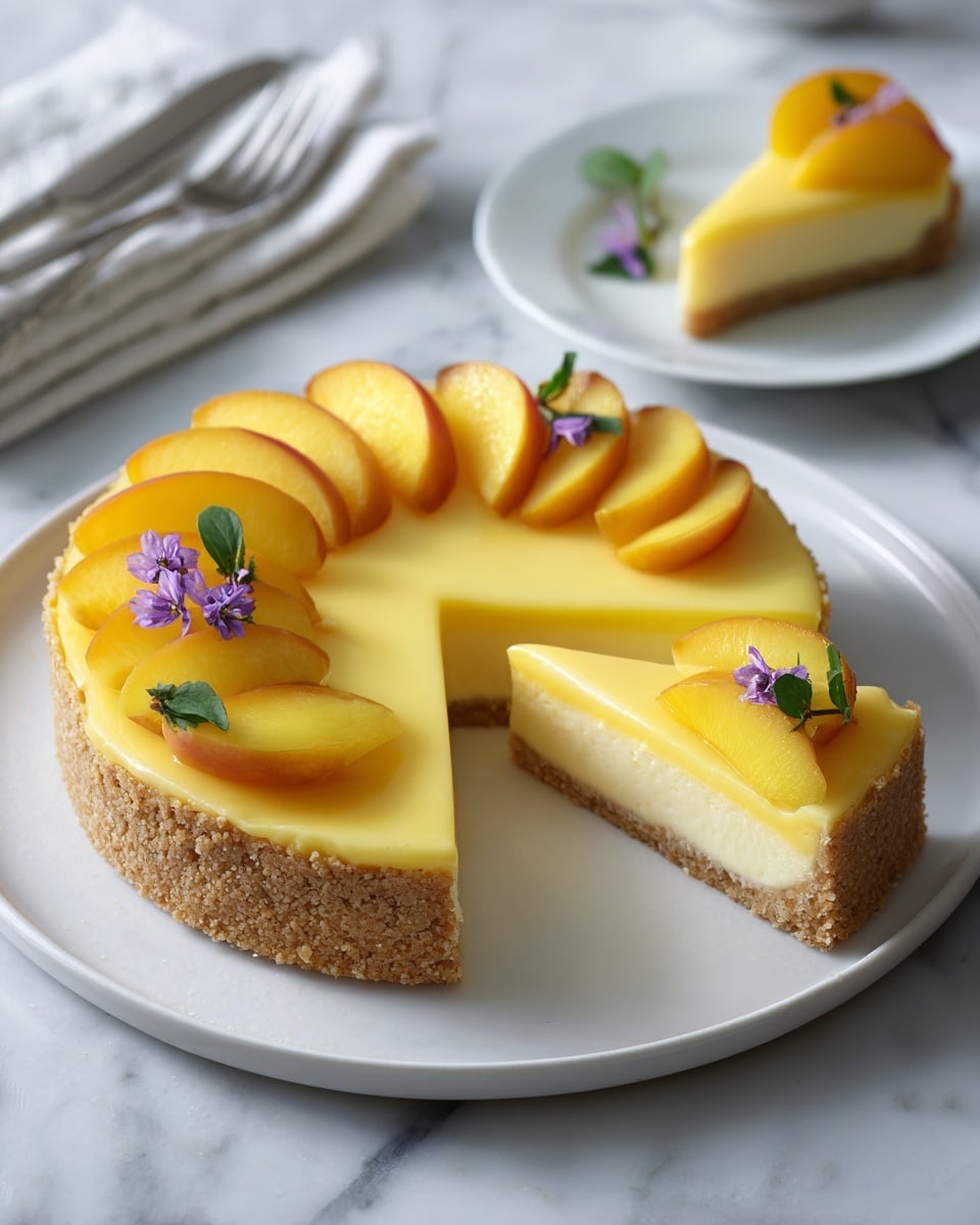 The image shows a round tart with three clear layers: a light brown crumbly crust forming the base and thick edges, a smooth shiny pale yellow filling in the middle, and a ring of bright yellow peach slices arranged neatly on one side of the tart's top surface. Small sprigs of green leaves and little purple flowers decorate the peach slices, adding a pop of color. A single slice is cut and slightly pulled out from the tart, showing the clean edges of each layer. The tart sits on a white plate placed on a white marbled surface, with a blurred green plant in the background and a fork and knife nearby. Photo taken with an iphone --ar 4:5 --v 7