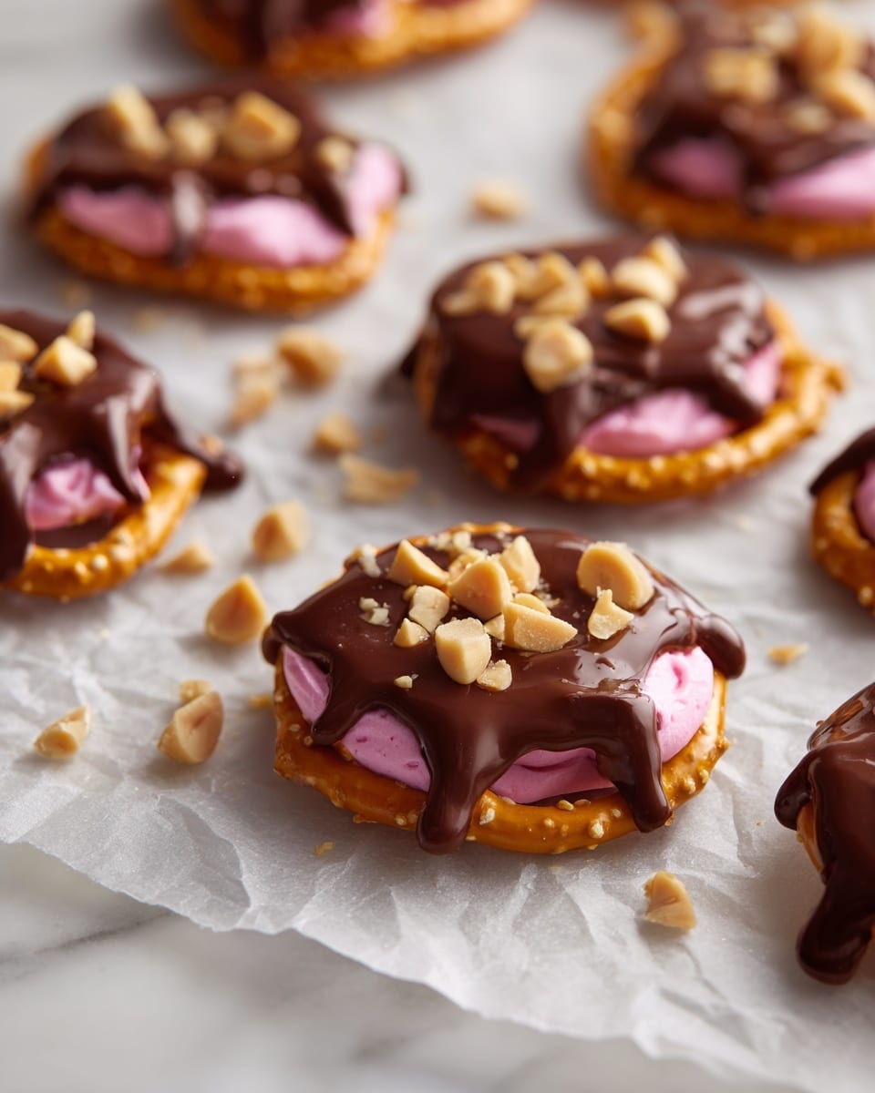 The image shows several small snack bites placed on crinkled parchment paper over a white marbled surface. Each bite has a base of orange-brown pretzels topped with a layer of pinkish ham, half-covered with a thick, dark chocolate coating that has a smooth and glossy texture. Dark chocolate is also drizzled in thin lines over the exposed pretzel and ham parts. Small pieces of chopped nuts are scattered on top of the chocolate, adding texture and a light beige color contrast. The bites are arranged casually with some closer and others slightly blurred in the background, creating depth. photo taken with an iphone --ar 4:5 --v 7