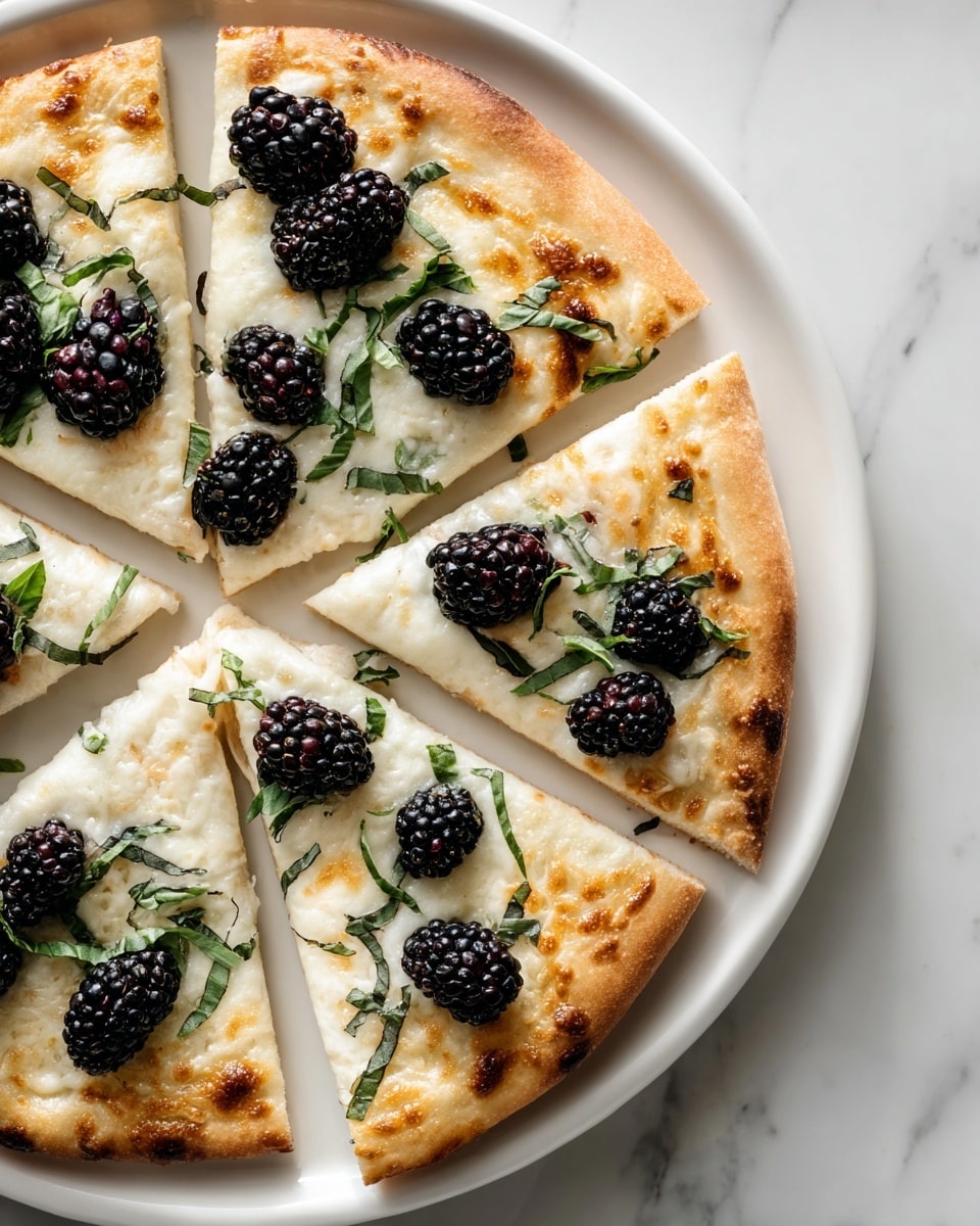 The image shows a round pizza cut into six slices on a white plate. The pizza crust is golden brown and slightly puffed. The first layer is melted cheese, creamy white with some golden spots from baking. Scattered over the cheese are dark purple blackberries, each with a shiny texture. Fresh green basil leaves are placed on top of the blackberries, adding color contrast. The pizza rests on a white marbled surface. Photo taken with an iphone --ar 4:5 --v 7