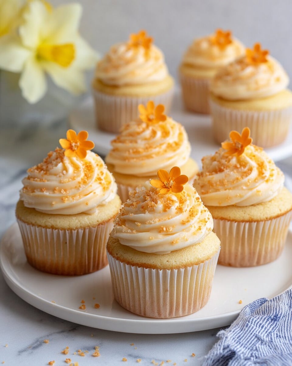 Seven yellow cupcakes each with one white paper liner and one thick swirl of light orange cream on top, garnished with small orange sugar flowers and sprinkled with orange crumbs. They are placed on two round white plates, with five cupcakes on the bigger plate in front and two on the smaller plate behind. The background has a soft white marbled texture and a light blue cloth with yellow flowers is partially visible. Photo taken with an iphone --ar 4:5 --v 7