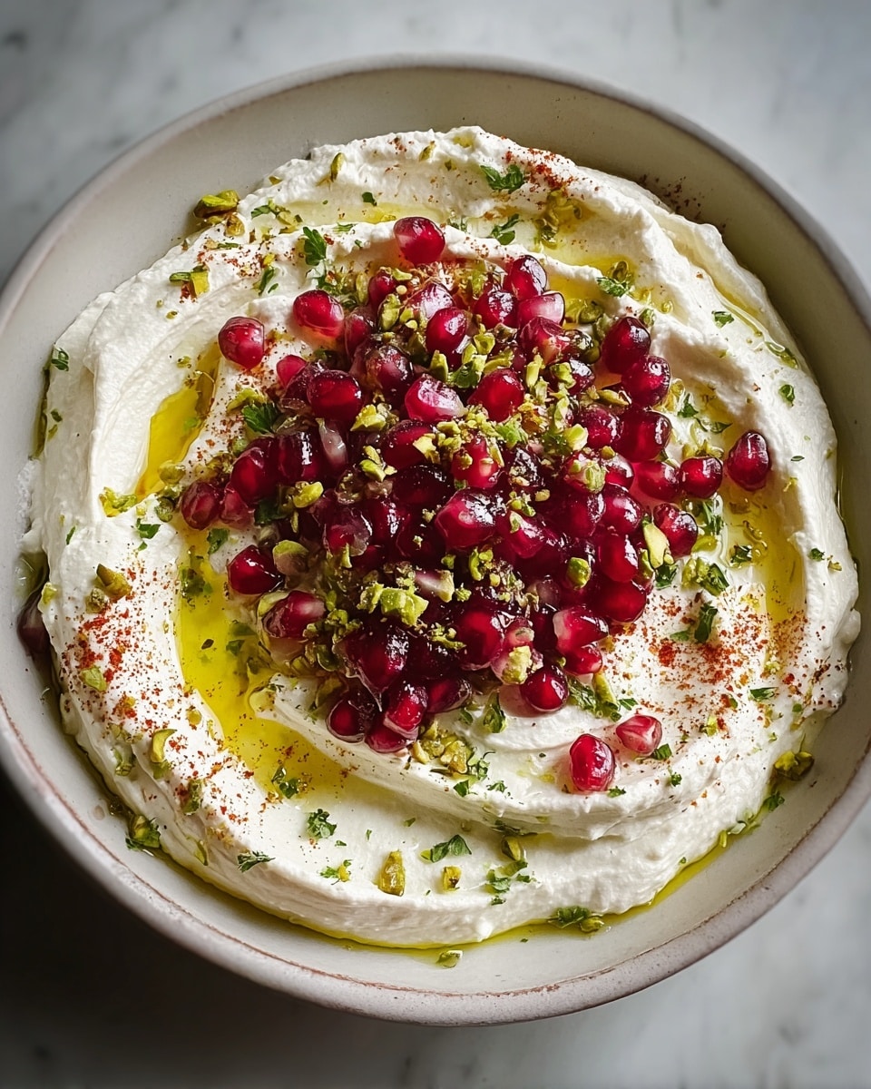A white bowl filled with a smooth, thick layer of white creamy dip spread evenly, topped with a generous pile of bright red pomegranate seeds mixed with green pistachios at the center. There is a drizzle of golden olive oil around the pomegranate and pistachio cluster, with small green herb leaves and a light dusting of red spice scattered over the cream. The bowl sits on a white marbled surface. Photo taken with an iphone --ar 4:5 --v 7