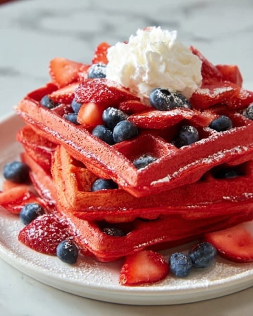A stack of four red waffles sits on a white plate, each waffle showing a light dusting of powdered sugar. The waffles have a soft, slightly rough texture with square pockets. Between and on top of the waffles are fresh blueberries and halved strawberries, adding vibrant blue and red colors. On the very top, there is a dollop of white whipped cream, creating a soft, fluffy contrast to the red waffles and fresh fruits. The plate rests on a white marbled surface. Photo taken with an iphone --ar 4:5 --v 7