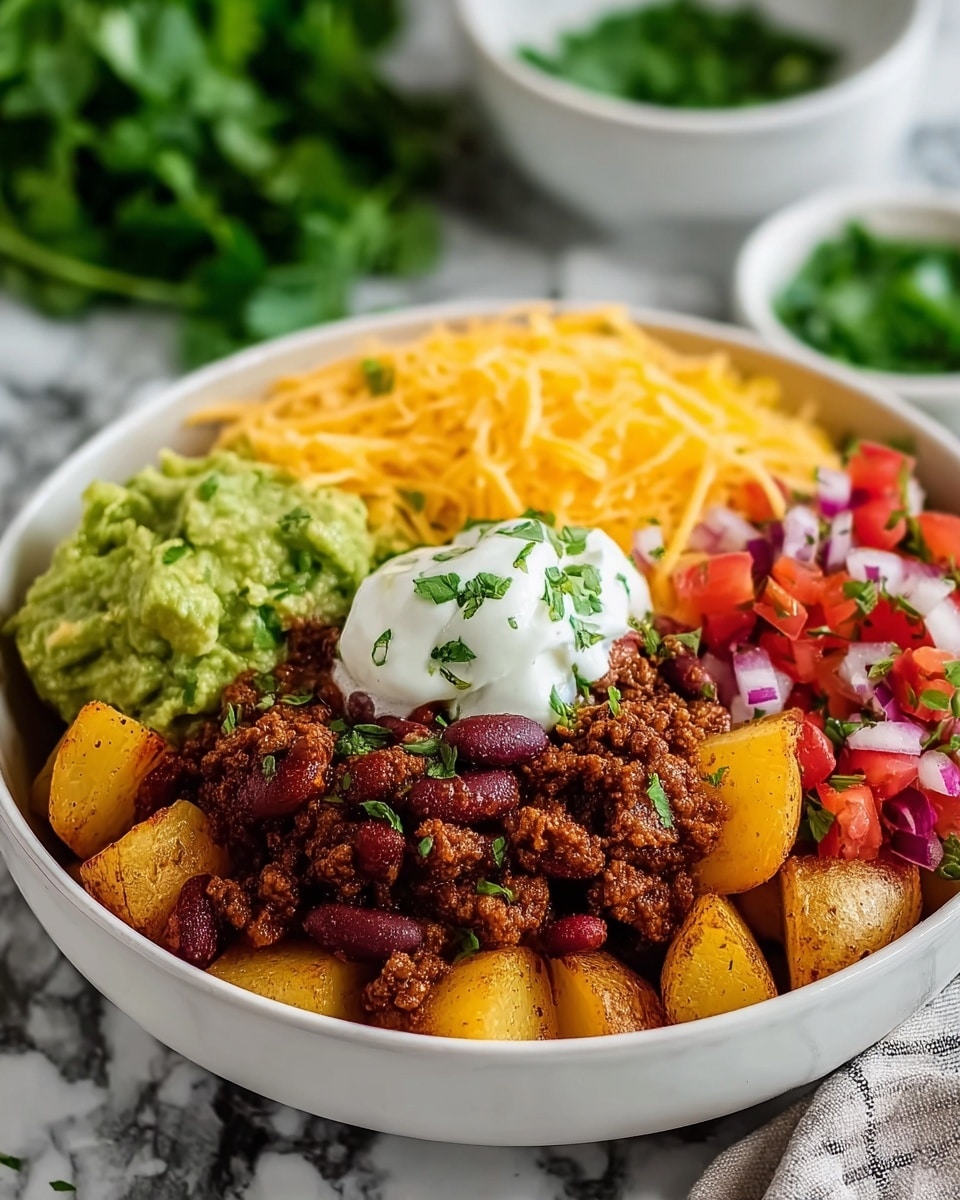 A white bowl sits on a white marbled surface, filled with layers of food. The base layer is golden roasted potato chunks with a crispy texture, surrounding the edges. On top of the potatoes is a thick layer of dark brown cooked ground meat mixed with red kidney beans. One side of the bowl has bright green diced avocado, next to a sprinkle of shredded yellow cheddar cheese. At the center of the bowl sits a dollop of white sour cream, garnished with small pieces of green cilantro. At the back edge of the bowl, vibrant red diced tomatoes mixed with chopped green onions and red onions add a fresh touch. photo taken with an iphone --ar 4:5 --v 7