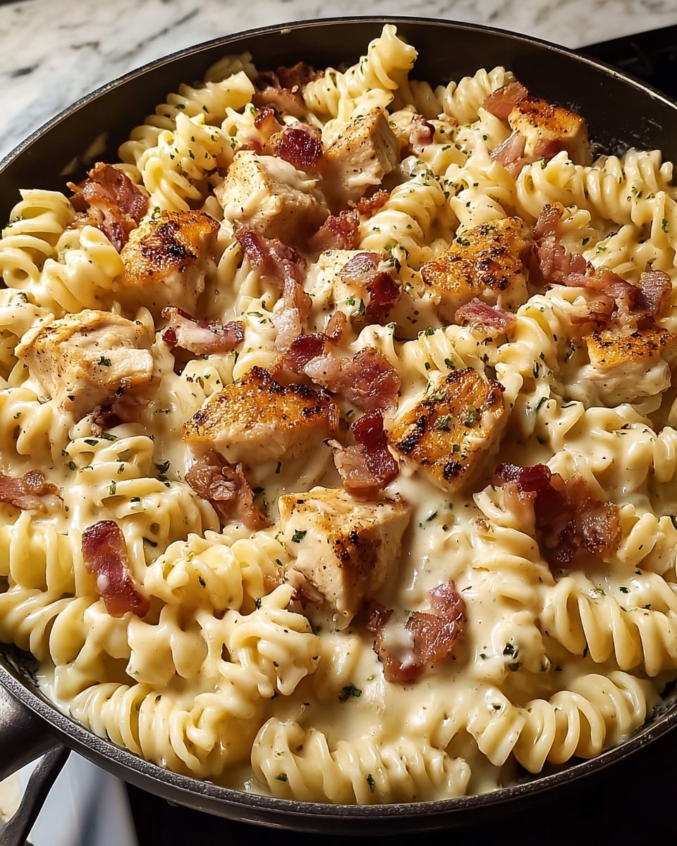 A close-up view of a creamy pasta dish in a black pan with three main layers: at the bottom, twisted yellow rotini pasta; in the middle, chunks of grilled chicken pieces with a browned, slightly crispy look; and on top, strips of cooked bacon scattered unevenly. The entire dish is coated in a thick, light yellow cheese sauce with bits of black pepper and green herbs sprinkled over it. The background shows part of a white marbled texture surface partially visible near the pan's edge. photo taken with an iphone --ar 4:5 --v 7
