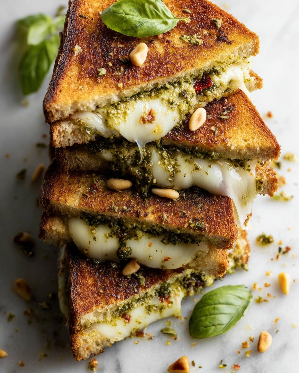A close-up view of a stack of three triangular grilled cheese sandwiches on a white marbled surface, each sandwich showcasing golden brown toasted bread with a slightly crispy texture. The inside layers reveal gooey melted white cheese stretching between the halves, interspersed with a green pesto spread and small pieces of sun-dried tomatoes. Each sandwich is garnished with a fresh green basil leaf and scattered pine nuts around them add texture and color. The sandwiches are arranged on a dark rectangular slab that contrasts with the white marbled background. Photo taken with an iphone --ar 4:5 --v 7