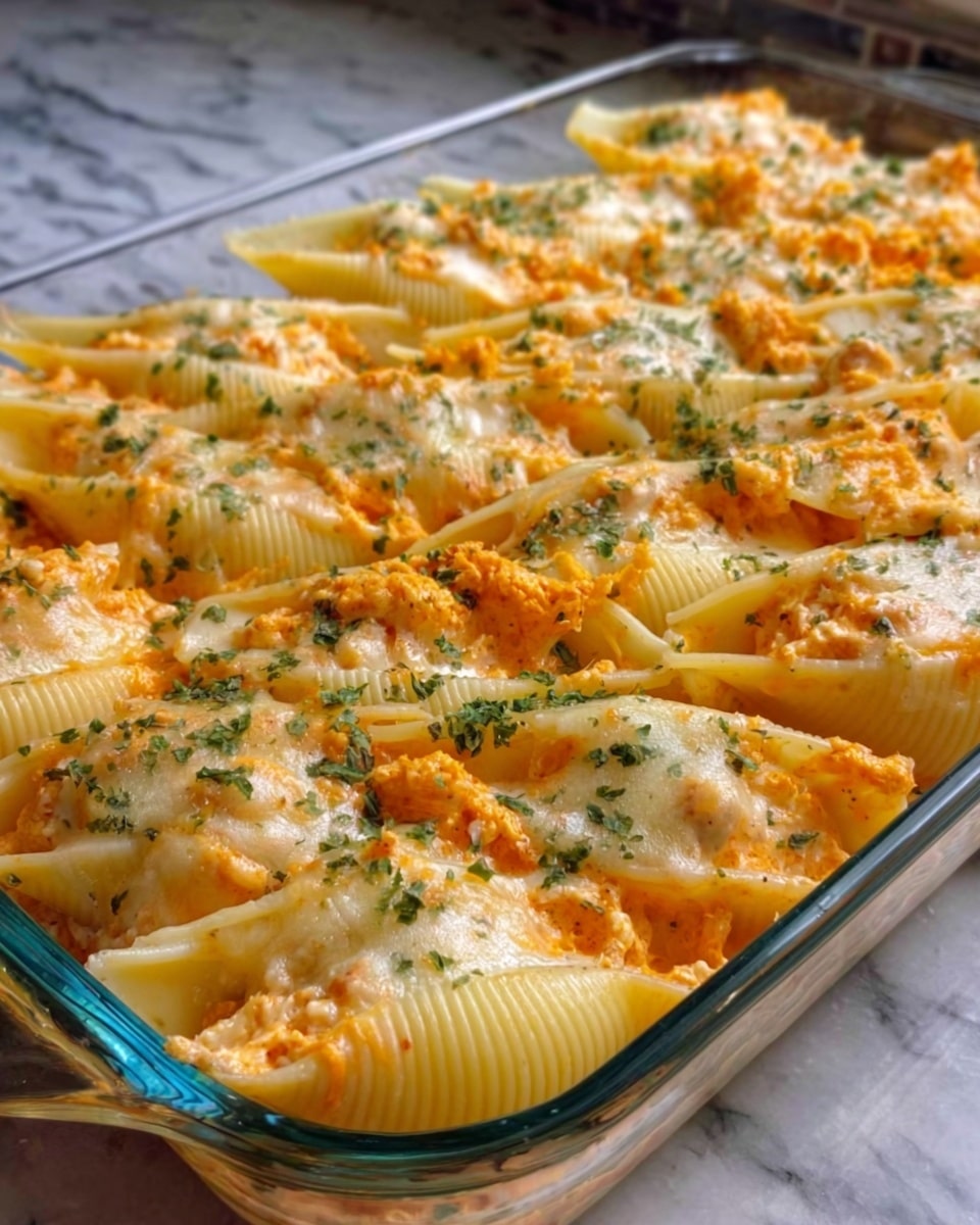 The image shows a white rectangular baking dish filled with large pasta shells arranged in neat rows. Each shell is stuffed with a creamy, orange cheese filling that looks soft and slightly melted. The filling is topped with small bits of herbs, sprinkled evenly across the shells, adding green color to the dish. The shells are placed close together, creating a textured surface with visible ridges and smooth cheese on top. The background is a white marbled surface. Photo taken with an iphone --ar 4:5 --v 7