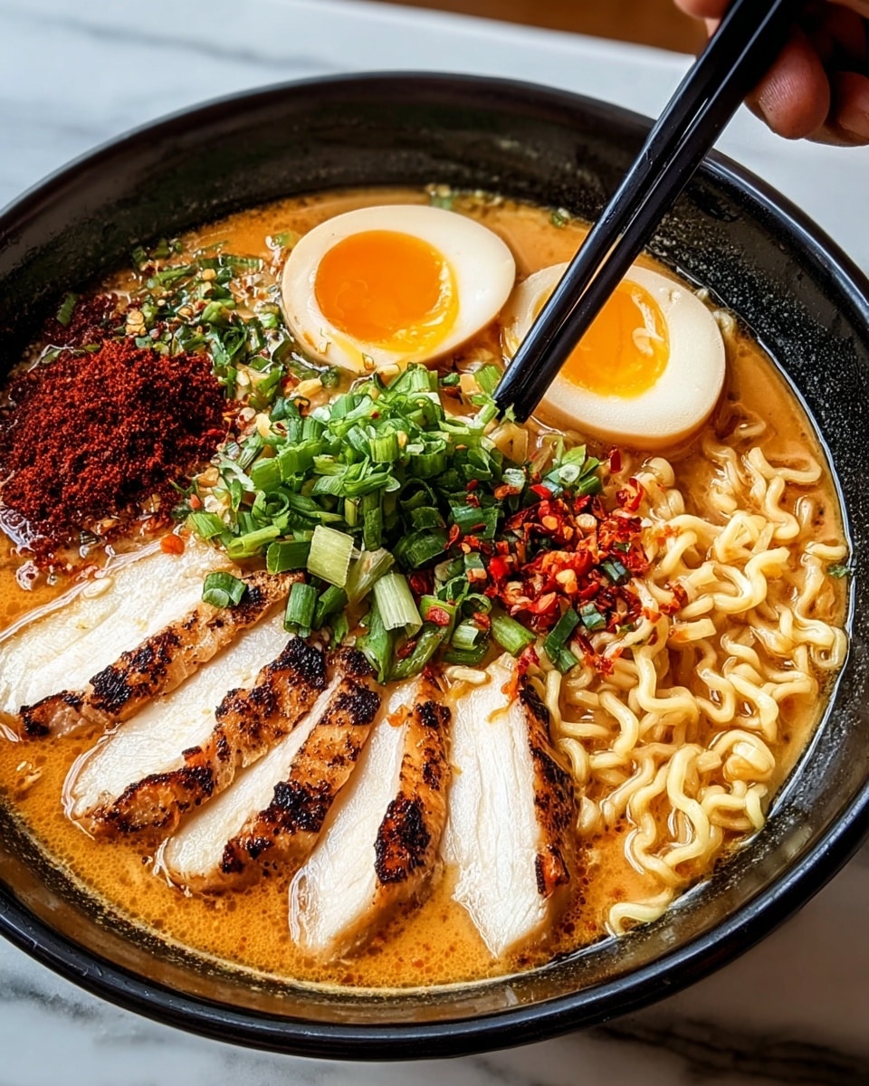 A black bowl filled with creamy, light brown broth holds curly yellow ramen noodles that are being lifted by black chopsticks from a woman's hand. On one side of the bowl are five slices of grilled chicken with a dark, slightly charred crust covering the white tender meat inside. Next to the chicken is a halved soft-boiled egg showing a bright orange yolk and firm white. There is a heap of finely chopped green onions sprinkled with bright red chili flakes placed in the middle on top of the noodles, while a small mound of extra red chili flakes lies to the side almost touching the broth. The whole bowl sits on a white marbled texture surface. photo taken with an iphone --ar 4:5 --v 7