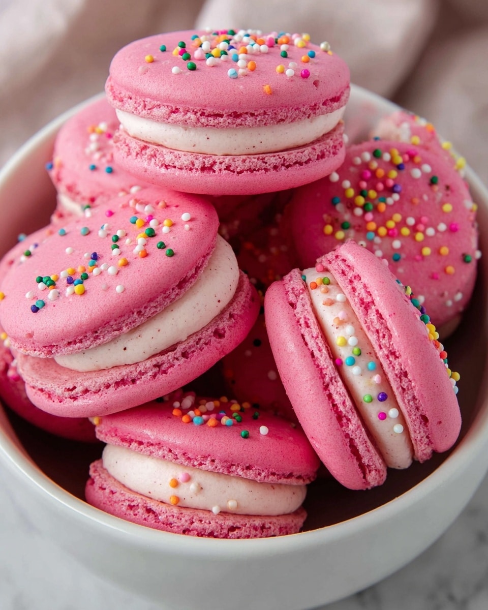 A white bowl filled with bright pink macarons, each composed of two smooth, slightly textured pink shells with a visible ruffled edge, sandwiching a creamy white filling in the middle. The top shells of the macarons are decorated with small, colorful round sprinkles in a mix of colors including red, yellow, white, purple, green, and blue. The bowl is set against a soft, white marbled texture, and the focus is close, showing the macarons’ delicate details clearly. photo taken with an iphone --ar 4:5 --v 7