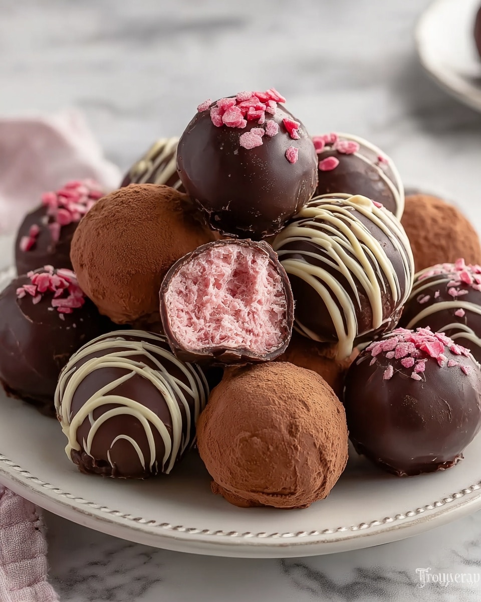A white plate filled with several round chocolate truffles arranged closely together. There are two main types: one type is coated in smooth dark chocolate with thin white chocolate drizzles on top, and another type is dusted in brown cocoa powder with light chocolate lines. One truffle is cut in half at the center, revealing a smooth, fluffy pink cream inside surrounded by a dark chocolate shell. Some truffles have small pink sprinkles on top. The background is a soft white marbled texture with a light cloth partially visible. photo taken with an iphone --ar 4:5 --v 7