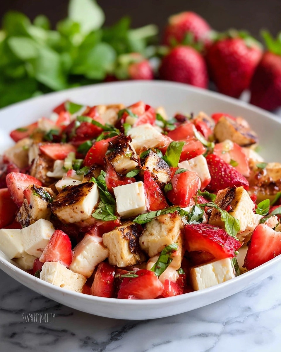 The image shows a close-up of a mixed salad served in a white bowl with a decorative edge. The dish has three main layers: bright red chunks of strawberries, creamy white cubes of cheese, and golden brown grilled chicken pieces with visible char marks. These layers are evenly mixed throughout the bowl, topped with a sprinkle of fresh green chopped herbs and some dark balsamic glaze drizzled over. In the blurred background, more fresh strawberries and green leaves add color contrast against a white marbled texture. photo taken with an iphone --ar 4:5 --v 7