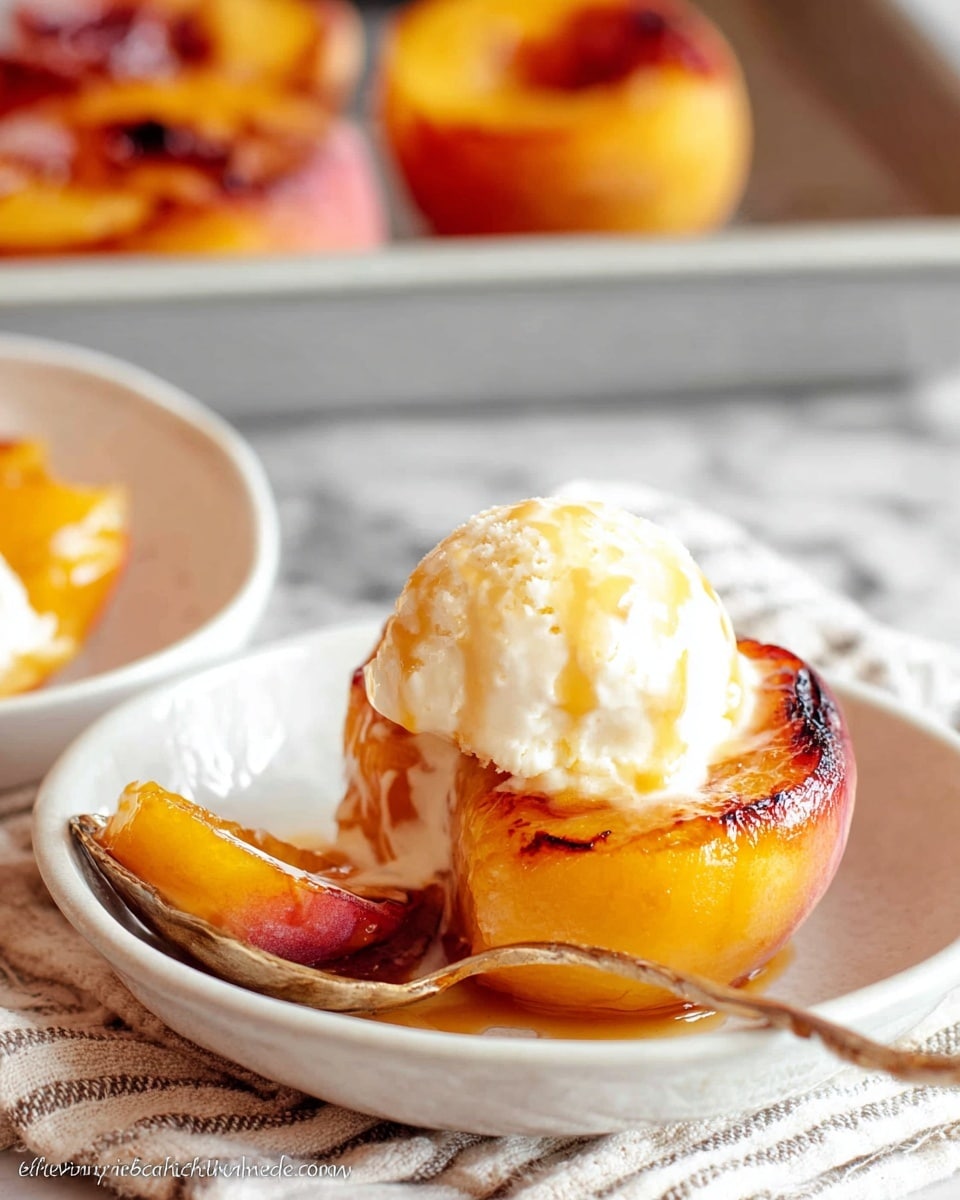 A white ceramic plate holds a single baked peach half topped with a large scoop of melting white vanilla ice cream, drizzled with golden caramel sauce that flows down the sides. The peach is warm, soft, and glossy with a deep orange color with hints of red near the edges. In front of the peach, there is a spoon resting on the plate with a bite-sized piece of peach on it, showcasing its juicy and tender texture. The plate is set on a blue and white striped cloth napkin, and in the background, a white baking dish filled with more baked peach halves sits on a white marbled surface. photo taken with an iphone --ar 4:5 --v 7