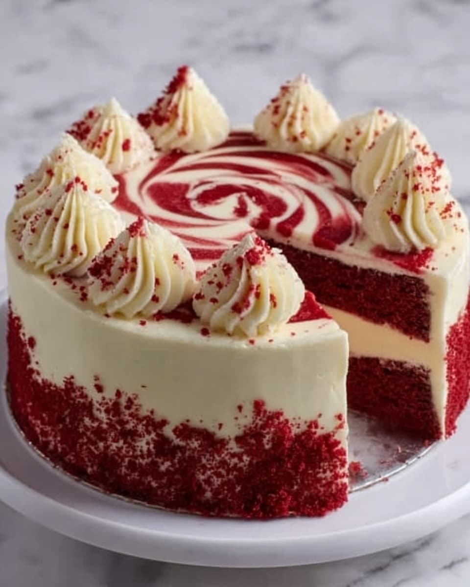 The image shows a round cake on a white plate with two thick layers of dark red sponge separated by a thin layer of creamy white filling. The outer sides and top of the cake have a smooth, creamy surface with red and white swirls creating a marble effect. On top, there are swirls of white cream evenly spaced around the edge, each topped with small pieces of red crumbs. One slice is cut and slightly pulled out, revealing the layers clearly. The cake sits on a white marbled surface. Photo taken with an iphone --ar 4:5 --v 7