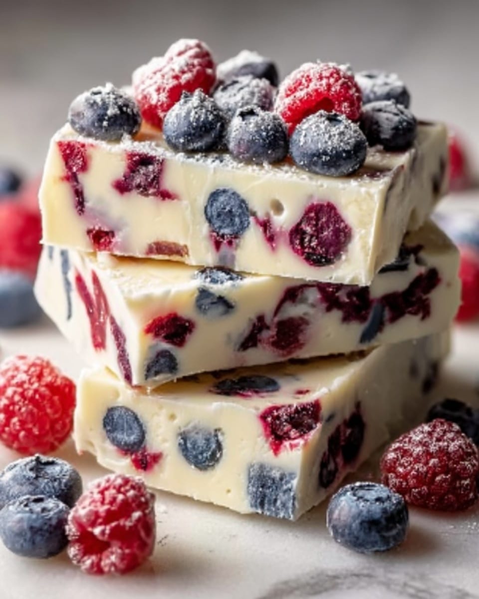 A stack of three thick white chocolate bars filled with whole blueberries is shown on a white marbled surface. Each layer of the bars is creamy white with visible dark blue blueberries inside. The top bar is covered with fresh, bright red raspberries and dark blue blueberries, creating a colorful and fresh look. The edges of the bars are clean and slightly glossy, showing smooth textures. Photo taken with an iphone --ar 4:5 --v 7