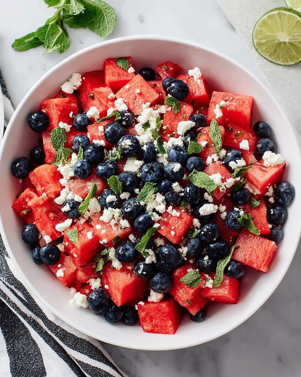 A white bowl filled with a colorful salad that has three main layers: big red cubes of watermelon on top and throughout, small dark blue blueberries scattered all over, and chunks of white cheese mixed in between. Green bits of chopped mint are spread across the salad, adding pops of color against the red, blue, and white. The bowl is set on a white marbled surface with a small piece of striped cloth on one side and a sprig of fresh mint beside the bowl. A sliced lime is partially visible at the top edge of the image. Photo taken with an iphone --ar 4:5 --v 7