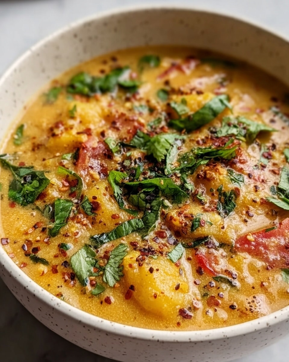 The image shows a white speckled bowl filled with a thick soup. The soup has a creamy, orange-brown base with visible chunks of yellow potatoes and red bits, likely tomatoes. On top, there is a generous sprinkle of chopped fresh green herbs, probably parsley or cilantro, along with small red flakes, possibly chili flakes. The soup looks hearty and well-seasoned with a slightly grainy texture. The bowl is placed on a white marbled surface. photo taken with an iphone --ar 4:5 --v 7