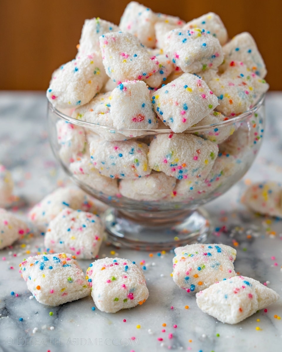 The image shows a clear glass bowl full of small, bite-sized square snacks coated in a white powder and covered with tiny colorful round sprinkles in red, yellow, blue, green, and pink. The bowl is placed on a white marbled surface, and several pieces of the same snack are scattered in front of the bowl, showing their rough, crumbly texture with the sprinkles evenly covering each piece. The overall look is festive and fun with a mix of bright colors on a light background. photo taken with an iphone --ar 4:5 --v 7