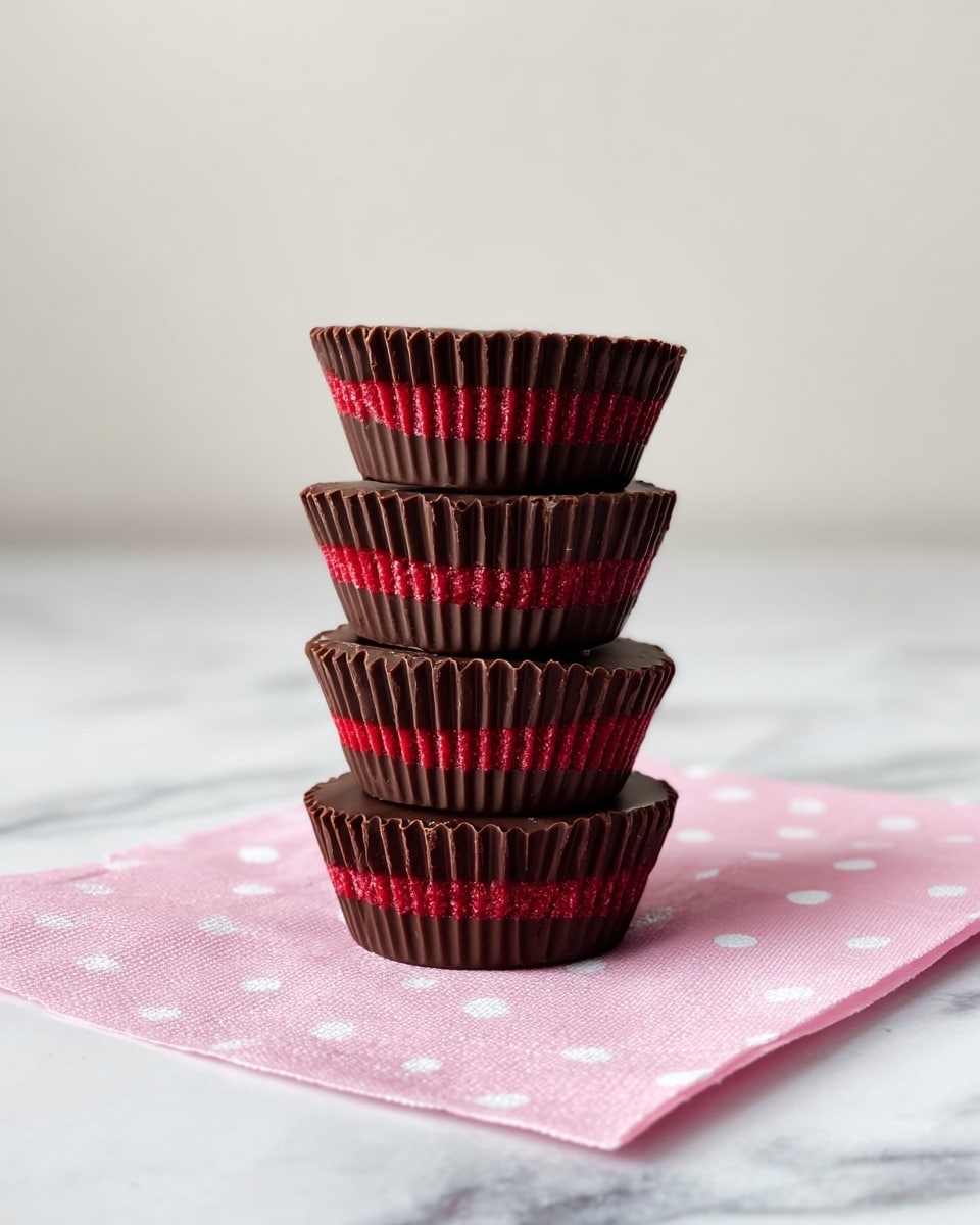 The image shows a stack of four small chocolate cups with a bright red filling in the middle, each cup having three visible layers: a dark shiny chocolate bottom layer, a vivid red textured middle layer, and a dark chocolate top layer with ridged edges. They are stacked unevenly on top of each other on a pink napkin with white polka dots, placed on a white marbled surface. The background is plain and softly lit, keeping the focus on the chocolate cups. photo taken with an iphone --ar 4:5 --v 7