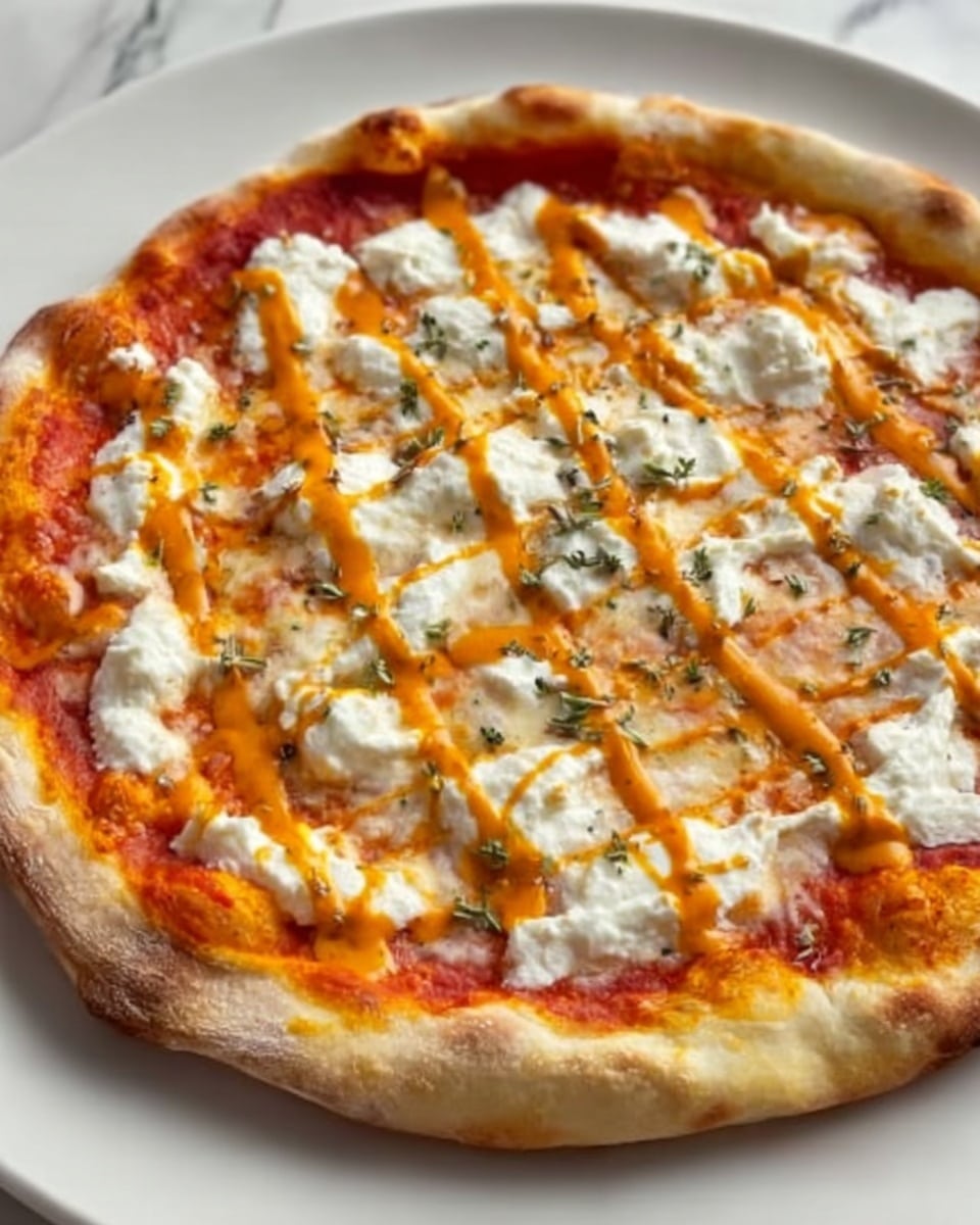 A thin pizza with a golden-brown crust is shown on a white plate. The base has a smooth layer of red tomato sauce, topped with melted white mozzarella cheese spread evenly. There are dollops of soft white cheese scattered across the pizza. Thin lines of bright orange sauce run diagonally over the cheese, and small green herb flakes are sprinkled on top. The pizza is sliced into six pieces. The whole scene is set on a white marbled textured surface. Photo taken with an iphone --ar 4:5 --v 7