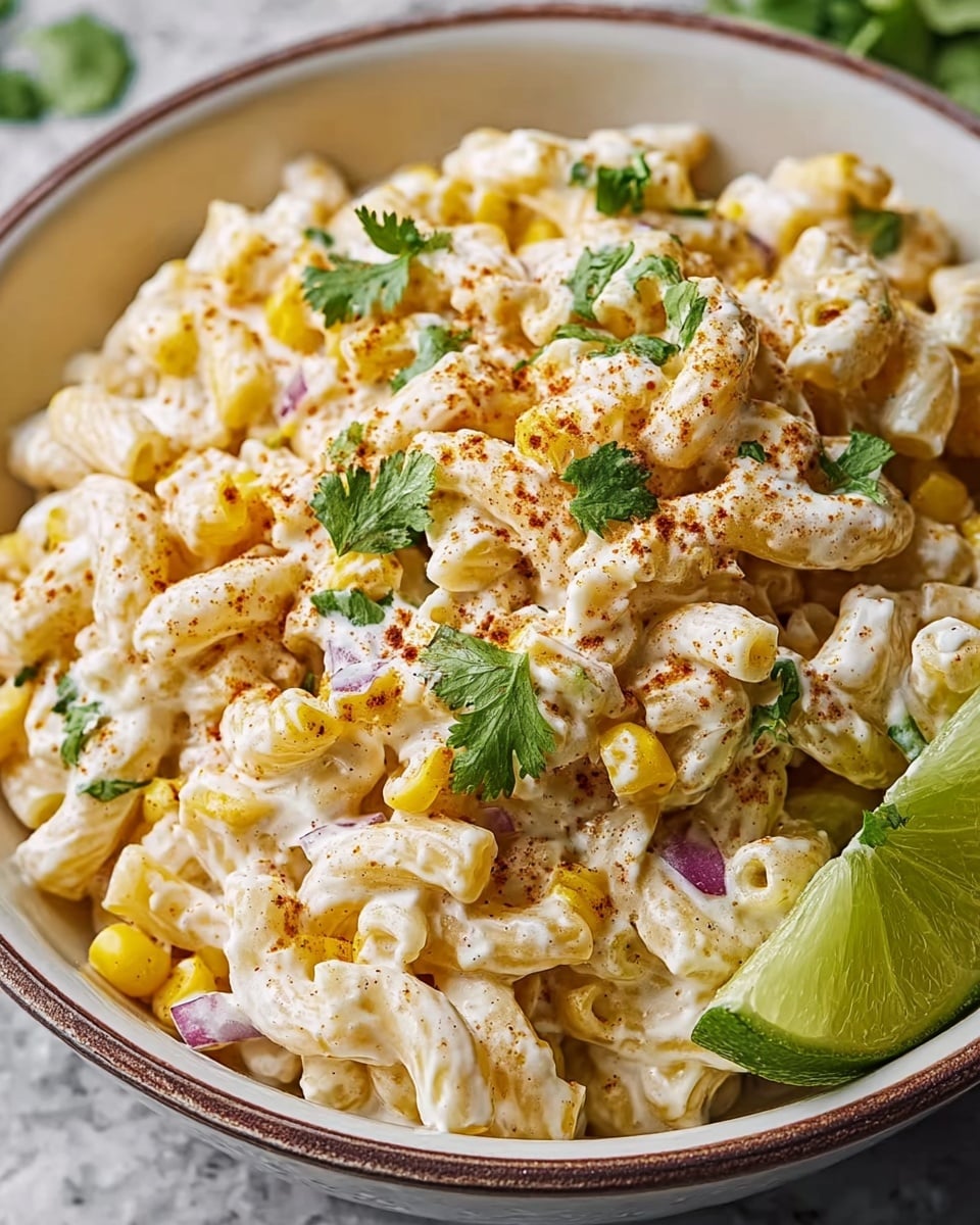 A close-up view of a creamy pasta salad served in a white bowl with a thin brown rim, placed on a white marbled texture. The dish is made of short, tubular pasta with a pale yellow color, mixed throughout with yellow corn kernels and small pieces of red onion. The pasta and corn are coated in a thick, white creamy dressing, sprinkled with a light dusting of reddish-brown spices. Green cilantro leaves are scattered on top as garnish, and a wedge of lime rests on the edge of the bowl, adding a fresh green accent. photo taken with an iphone --ar 4:5 --v 7