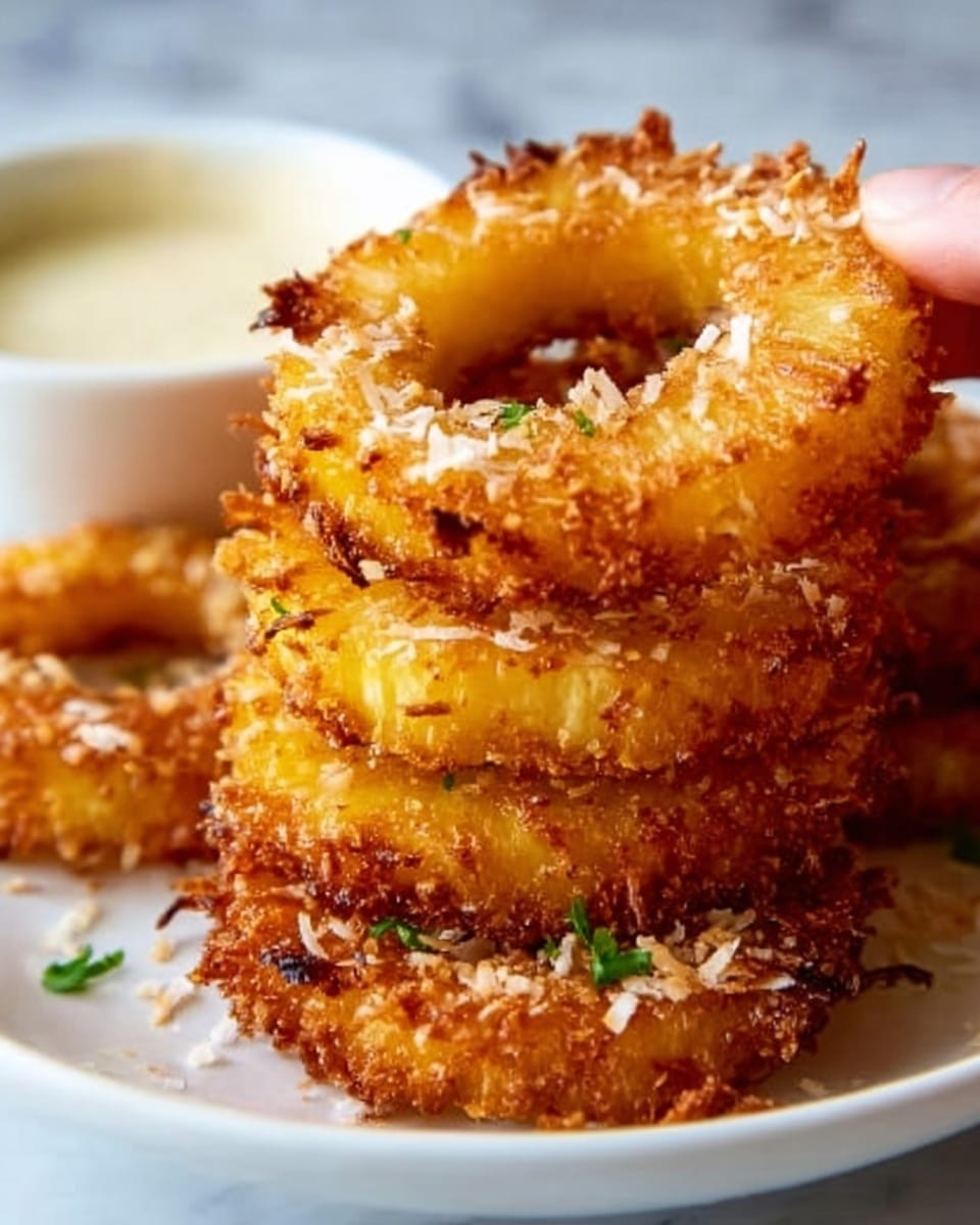 The image shows a close-up of several golden brown onion rings stacked on a white plate. Each onion ring has a crispy, textured coating that looks crunchy and slightly rough with small bits of fried batter. The inside of the rings is a lighter yellow, showing the soft onion layer beneath the crispy outer coating. In the background, there is a small bowl of creamy white sauce with a hint of green garnish on top. The plate and bowl sit on a white marbled surface. photo taken with an iphone --ar 4:5 --v 7