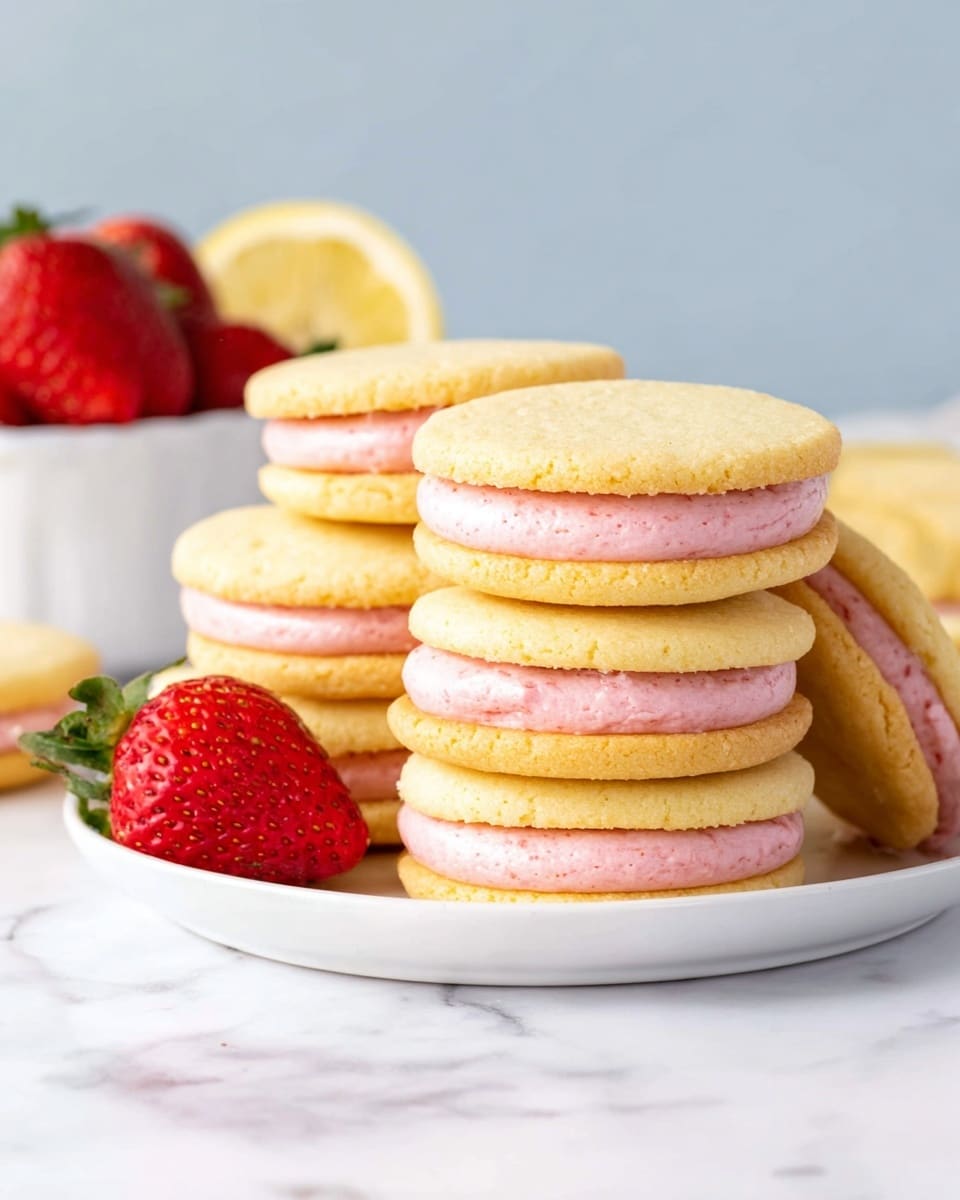 A stack of six sandwich cookies sits on a white plate with a smooth edge, placed on a white marbled surface. Each cookie has two golden brown, soft-looking layers with a slightly bumpy texture, sandwiching a thick, light pink creamy filling that looks smooth and fluffy. The cookies are stacked unevenly, with some overlapping and one cookie on top of another, showing the layers clearly. In the blurred background, there is a white bowl filled with bright red strawberries and part of a lemon slice is visible near the bowl. One whole strawberry is placed on the marbled surface near the plate. photo taken with an iphone --ar 4:5 --v 7
