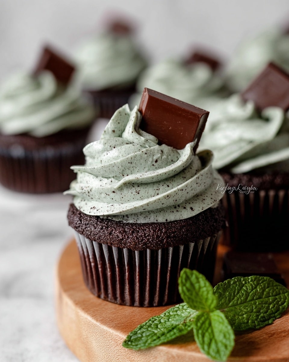 The image shows a close-up of chocolate cupcakes with dark brown cake bases in black liners, topped with a thick layer of light green mint cream frosting that has tiny dark specks throughout. The frosting is swirled in an elegant, soft peak on top of each cupcake and is garnished with a small square piece of milk chocolate inserted vertically. The cupcakes rest on a round wooden board, with bright green fresh mint leaves placed in the foreground. The background and surface are a white marbled texture. photo taken with an iphone --ar 4:5 --v 7