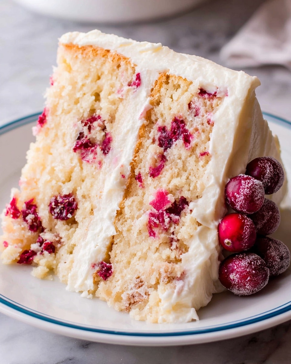 A close-up view of a thick slice of layered cake on a white plate with a thin blue rim, resting on a white marbled surface. The cake has two visible light beige layers sprinkled with bright red cranberries inside, giving a textured look with red patches. Between and around the layers is a smooth, creamy, white frosting that slightly melts into the cake. The side of the slice is covered in the same white frosting, with a whole red cranberry placed near the bottom edge. Photo taken with an iphone --ar 4:5 --v 7
