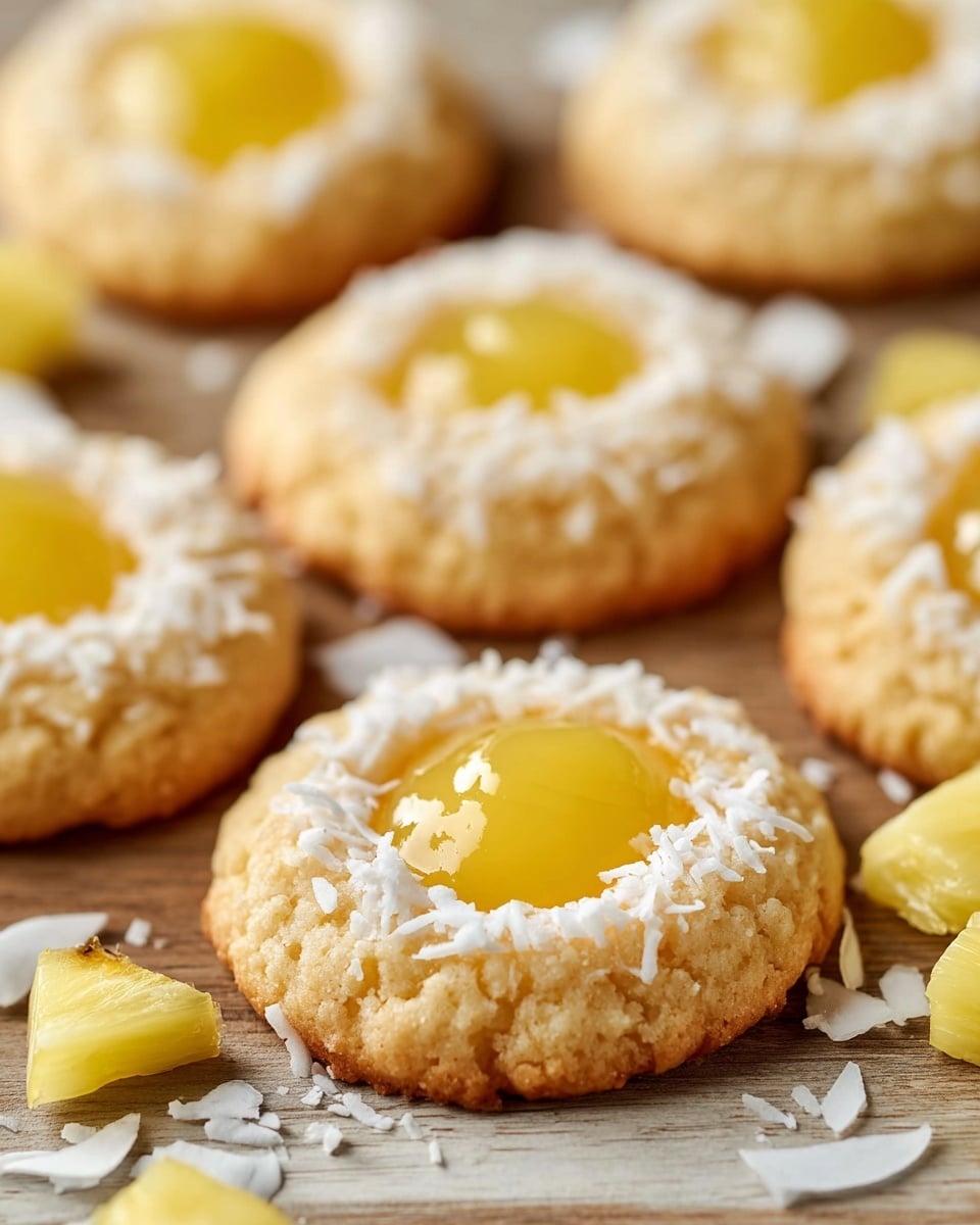 The image shows several round cookies with a soft, crumbly texture and a golden-yellow color. Each cookie has a central glossy dollop of bright yellow pineapple filling that looks smooth and shiny. The edges of the cookies are sprinkled with white shredded coconut, adding fine texture and contrast. Around the cookies, there are small cubes of fresh pineapple scattered. The cookies are placed on a dark wooden surface, which contrasts nicely with their light colors. The overall look is fresh and inviting, with a mix of yellow and white tones and a touch of natural texture from the coconut and pineapple pieces. photo taken with an iphone --ar 4:5 --v 7