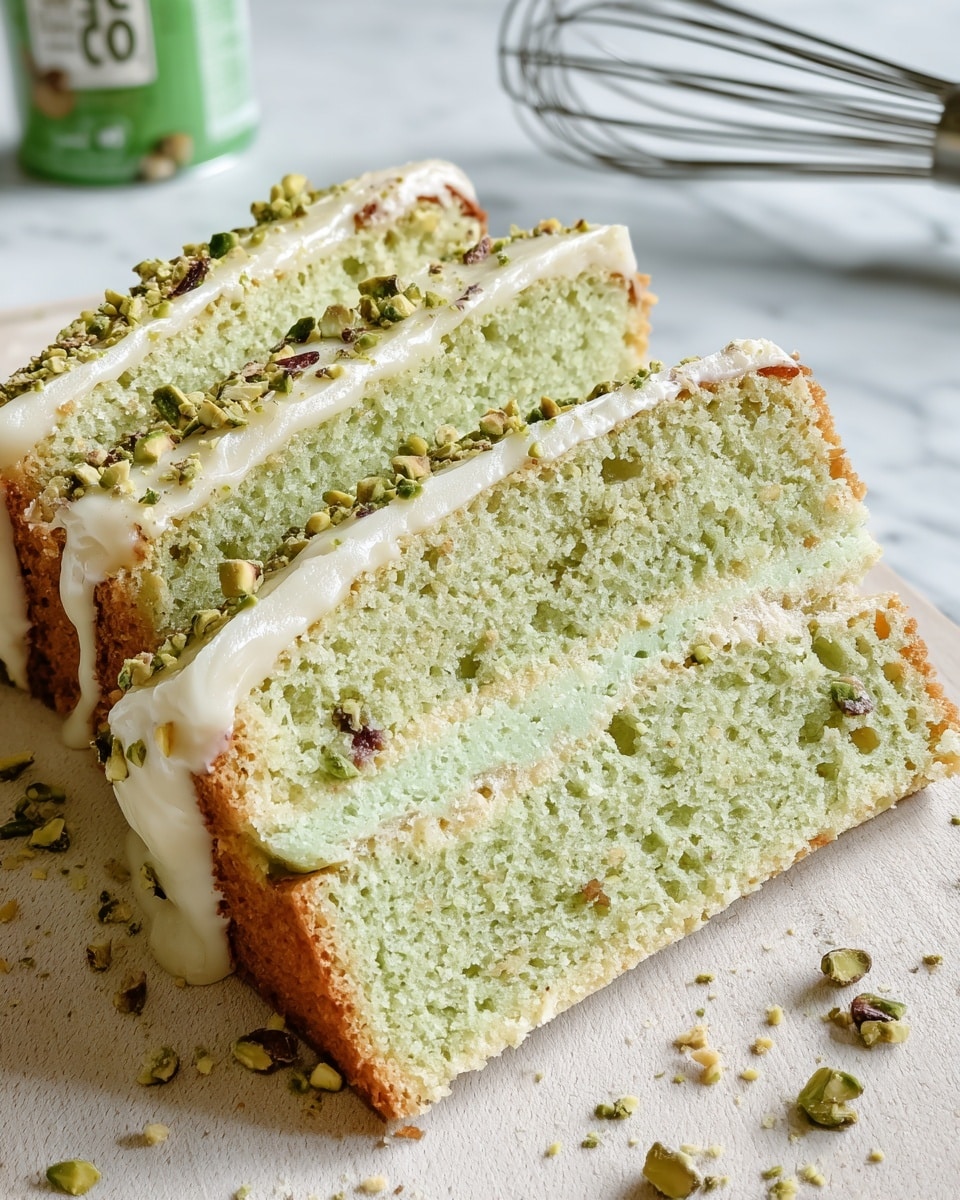 The image shows four slices of light green cake arranged in a row on a white marbled surface, each slice revealing a moist and slightly crumbly texture with small air holes throughout. On top of each slice is a thin layer of white icing that drips slightly down the sides, sprinkled with chopped green pistachio nuts for added texture and color. The cake edges are golden brown while the inside remains a soft pale green. In the background, a part of a vegan milk carton and a metal whisk rest on the white marbled surface. photo taken with an iphone --ar 4:5 --v 7