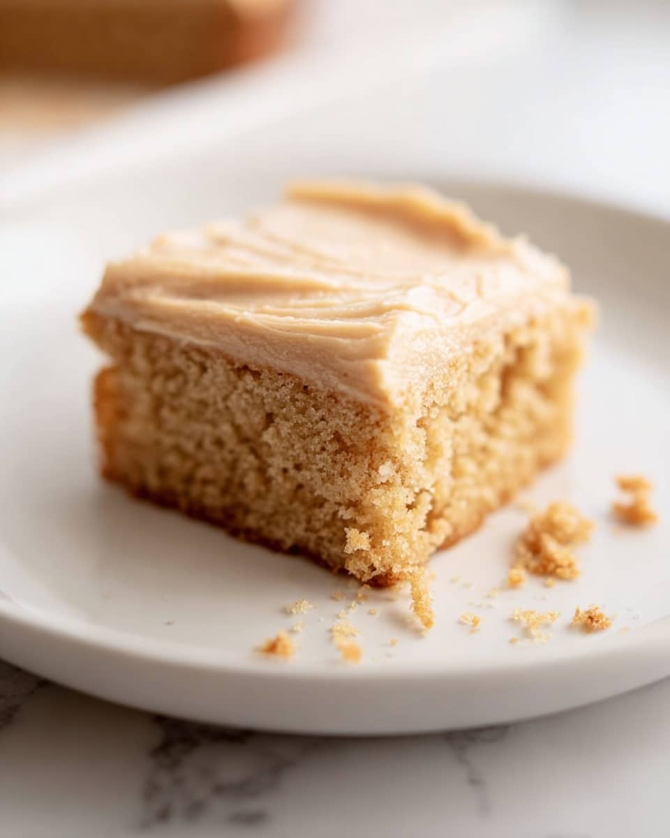 A close-up of a small square slice of cake on a white plate, featuring two layers: a bottom layer of soft, light brown crumbly cake, and a top layer of smooth, creamy light brown frosting. There are a few crumbs scattered around the cake on the plate, and the background is a white marbled texture. The photo taken with an iphone --ar 4:5 --v 7