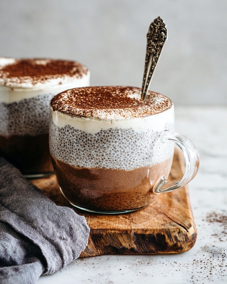A clear glass mug holds a three-layered dessert placed on a wooden board with some chia seeds scattered around. The bottom layer is a smooth, dark brown chocolate mixture, topped by a thick middle layer of light grey chia seeds soaked in liquid. Above that is a creamy white layer, and the dessert is finished with a dusting of dark cocoa powder on top. A silver spoon with a decorative floral handle stands inside the mug. In the background, there is another identical mug partially visible and a textured grey cloth resting on a white marbled surface. Photo taken with an iphone --ar 4:5 --v 7