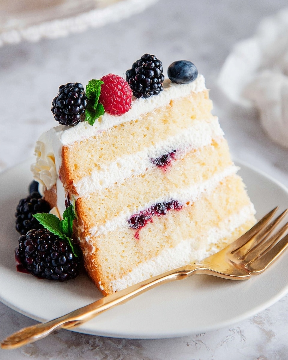 A slice of three-layer light yellow sponge cake sits on a white plate with soft white cream filling between each layer. Thin streaks of dark purple and red berries are mixed into the cream, with whole blackberries, raspberries, and blueberries placed along the right side near the edge. The cake's texture looks soft and moist, and the cream is smooth and fluffy. A gold fork rests on the plate’s edge, and the background is a white marbled texture. Photo taken with an iphone --ar 4:5 --v 7