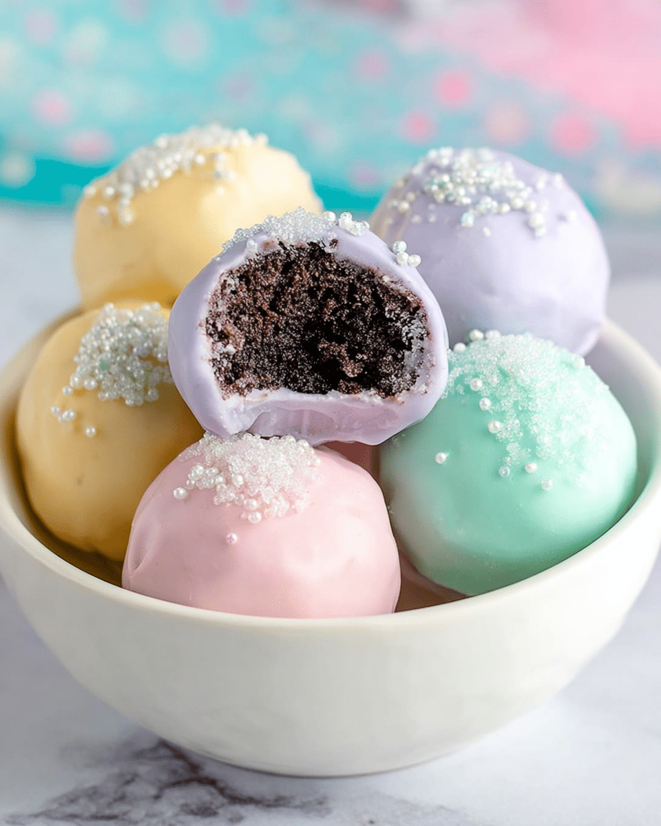 A white bowl filled with six round cake balls, each coated in smooth pastel-colored icing: pale yellow, lavender, sky blue, mint green, and pink. One lavender cake ball is bitten, showing a dark chocolate crumb inside. Each cake ball is topped with small white sugar crystals that add a sparkly texture. The bowl rests on a white marbled surface, with a soft, colorful blurred background. photo taken with an iphone --ar 4:5 --v 7