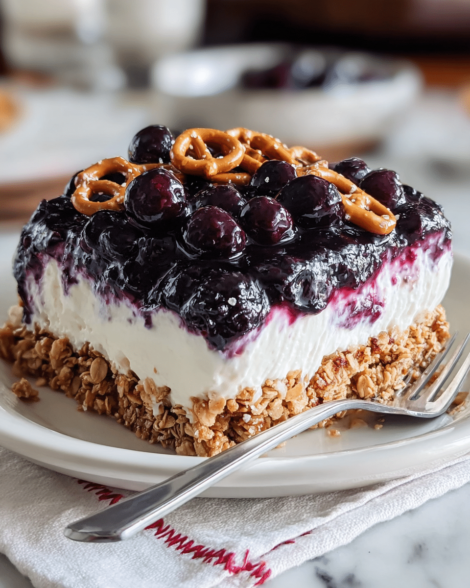A white plate holds a square slice of dessert with three visible layers: the bottom layer is a crumbly, golden-brown oat crust with a rough texture, the middle layer is thick, smooth, and white cream, and the top layer is glossy dark purple blueberry sauce mixed with whole fresh blueberries and a few small, shiny pretzels scattered on top. The plate rests on a white cloth with red stitching on a white marbled surface. A silver fork lies on the plate's edge. Photo taken with an iphone --ar 4:5 --v 7