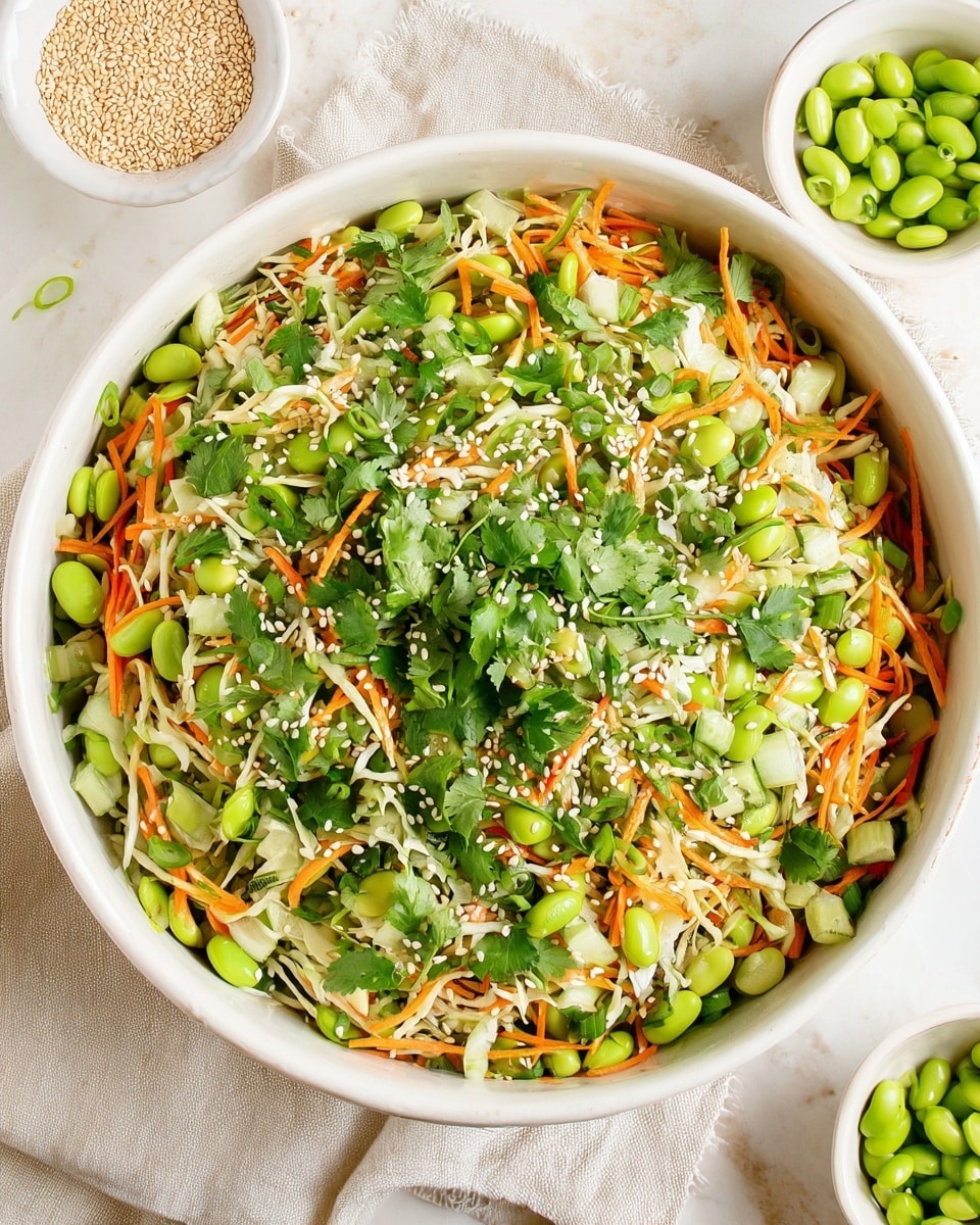 A large white bowl filled with a fresh layered salad that shows chopped cucumber pieces with a light green skin and watery texture as the bottom layer, finely shredded white cabbage with thin, crunchy strands mixed in, and thin orange carrot sticks scattered throughout adding bright contrast; thick, smooth, green edamame beans are spread on top, garnished with dark green chopped cilantro leaves and small slices of green onion rings, all sprinkled with white sesame seeds for a finishing touch; the bowl sits on a beige cloth over a white marbled surface, with small white bowls of sesame seeds and green onion pieces nearby. photo taken with an iphone --ar 4:5 --v 7