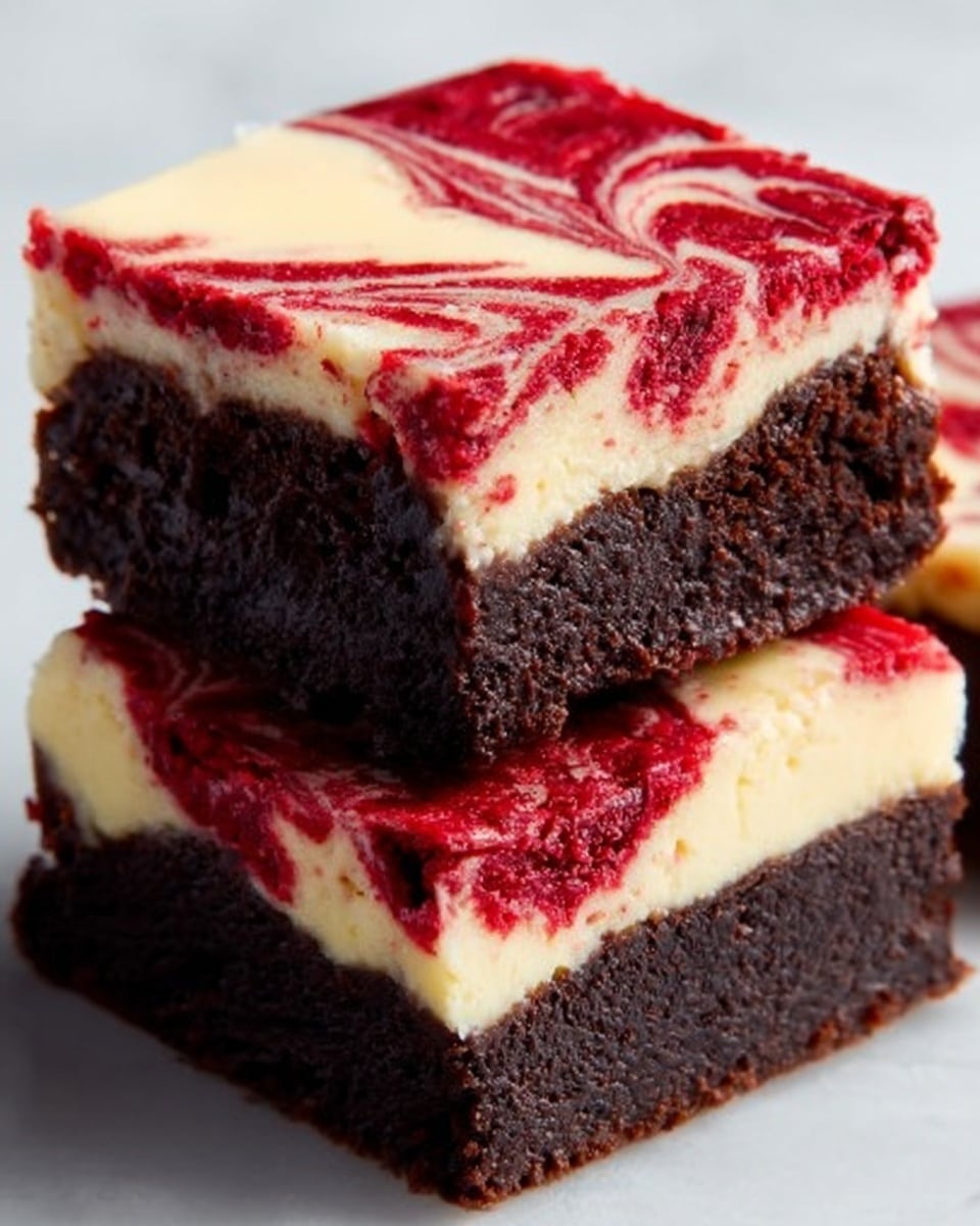 The image shows two square brownies stacked on top of each other on a white marbled surface. Each brownie has three clear layers: the bottom layer is dark, rich chocolate, almost black in color with a dense texture; the middle layer is creamy white, smooth and thick like cheesecake; and the top layer is marbled with red and white swirls creating a bright and colorful pattern that contrasts with the dark chocolate below. The edges of the brownies are sharp and clean, showing the thickness of each layer clearly. photo taken with an iphone --ar 4:5 --v 7