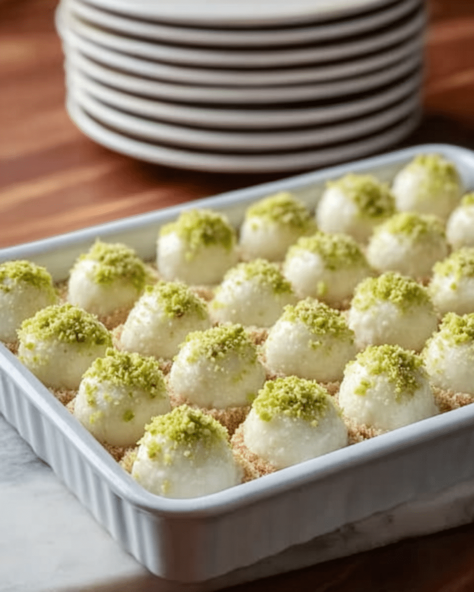 The image shows a white rectangular ceramic dish filled with small round white balls, likely sweets, each topped with light green crushed nuts. The balls are arranged in several neat rows filling the dish, creating a uniform pattern. In the background, there is a blurred view of multiple stacked white plates on a wooden surface, adding depth to the image. The whole scene is set on a white marbled texture surface. Photo taken with an iphone --ar 4:5 --v 7