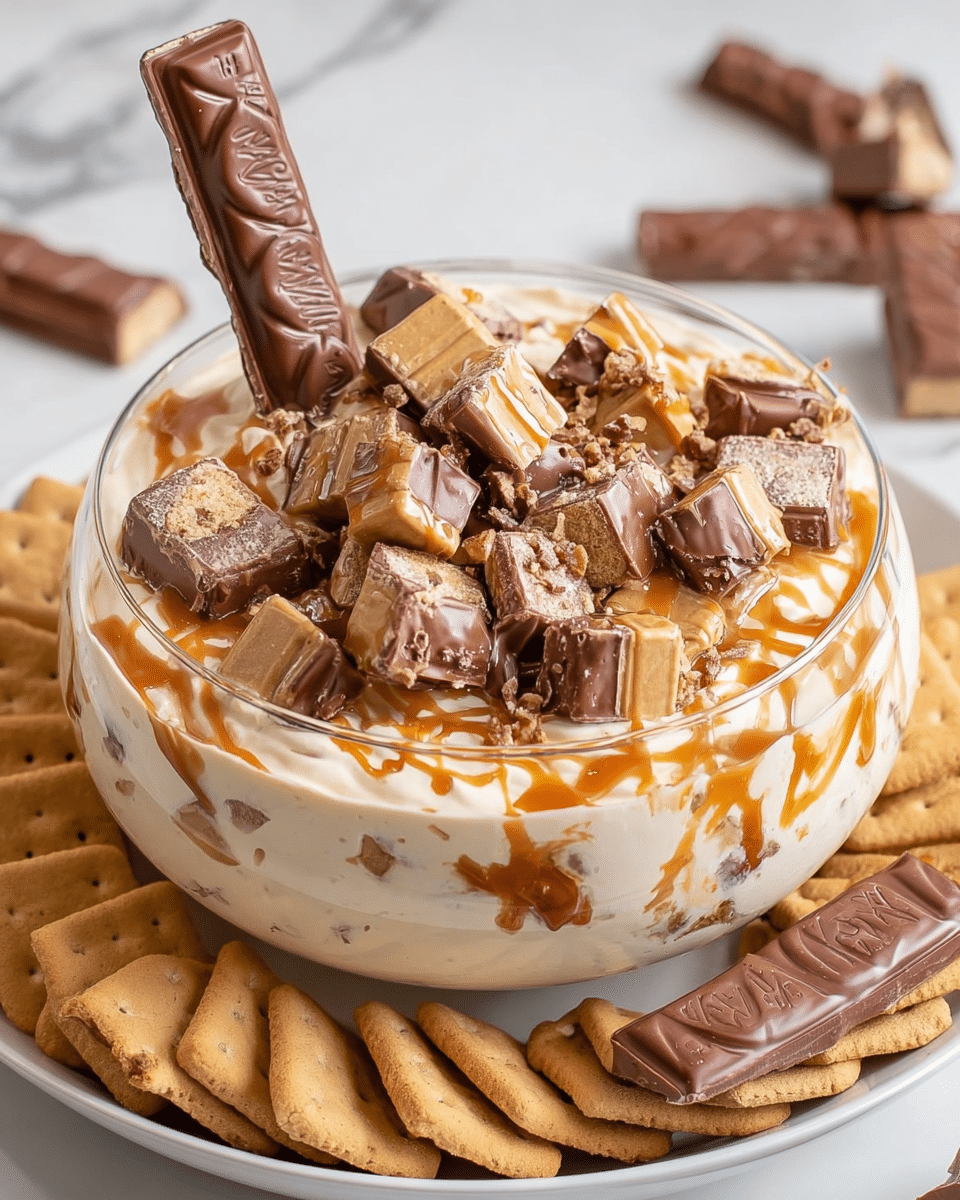 A clear glass bowl filled with a creamy, light beige mixture swirled with caramel sauce sits in the center, topped with many pieces of cut chocolate candy bars showing a mix of chocolate, caramel, and nougat layers. One whole chocolate candy bar is stuck vertically into the mixture. The bowl is placed on a large white plate arranged with layers of light brown graham crackers all around it, along with some whole chocolate candy bars scattered nearby. The surface is a white marbled texture. Photo taken with an iphone --ar 4:5 --v 7